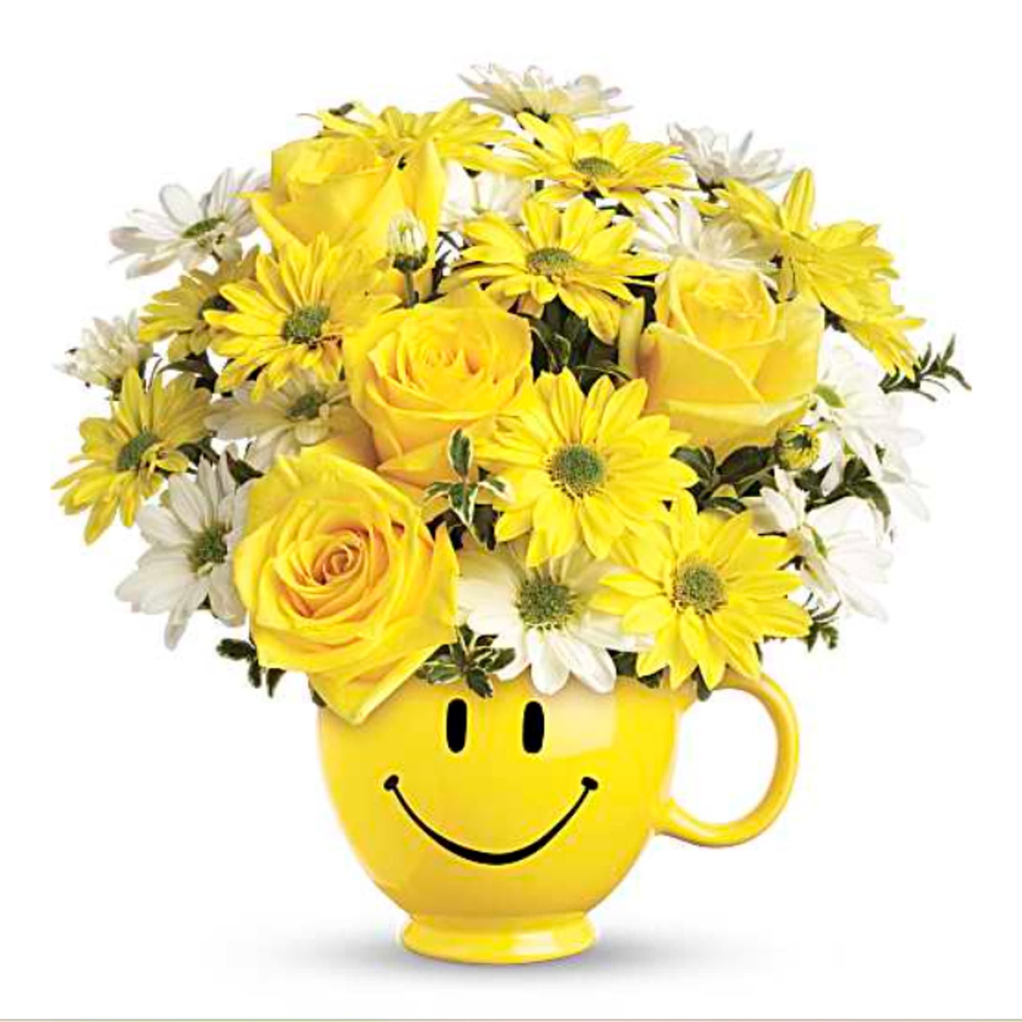 Teleflora's Iconic Be Happy Mug includes Yellow Roses, and Yellow and White