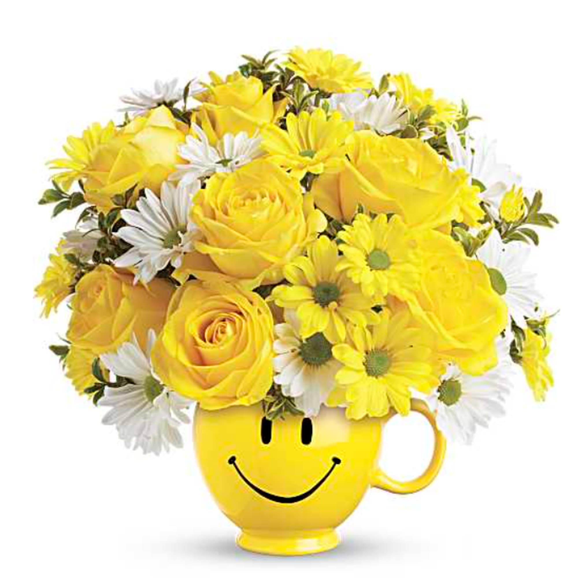 Teleflora's Iconic Be Happy Mug includes Yellow Roses, and Yellow and White