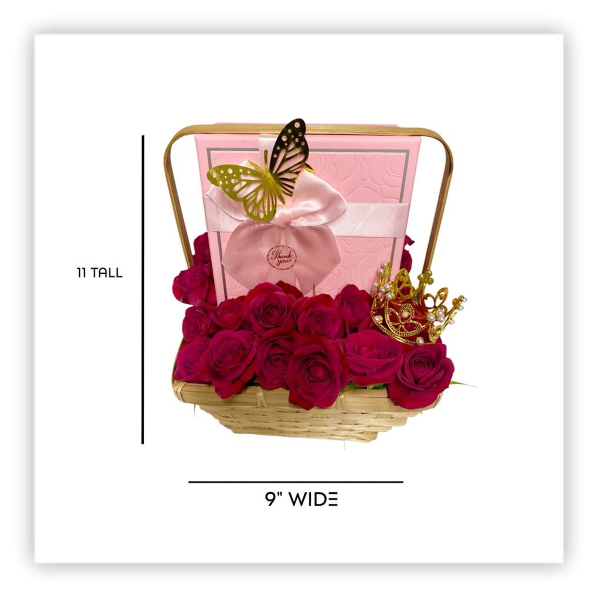 Mini rose garden arranged in a natural basket measuring 9 inches long