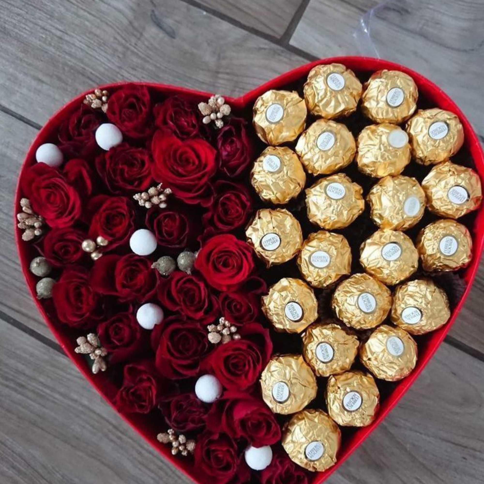 Beautiful heart shaped box with hazelnut chocolates and one half dozen lush