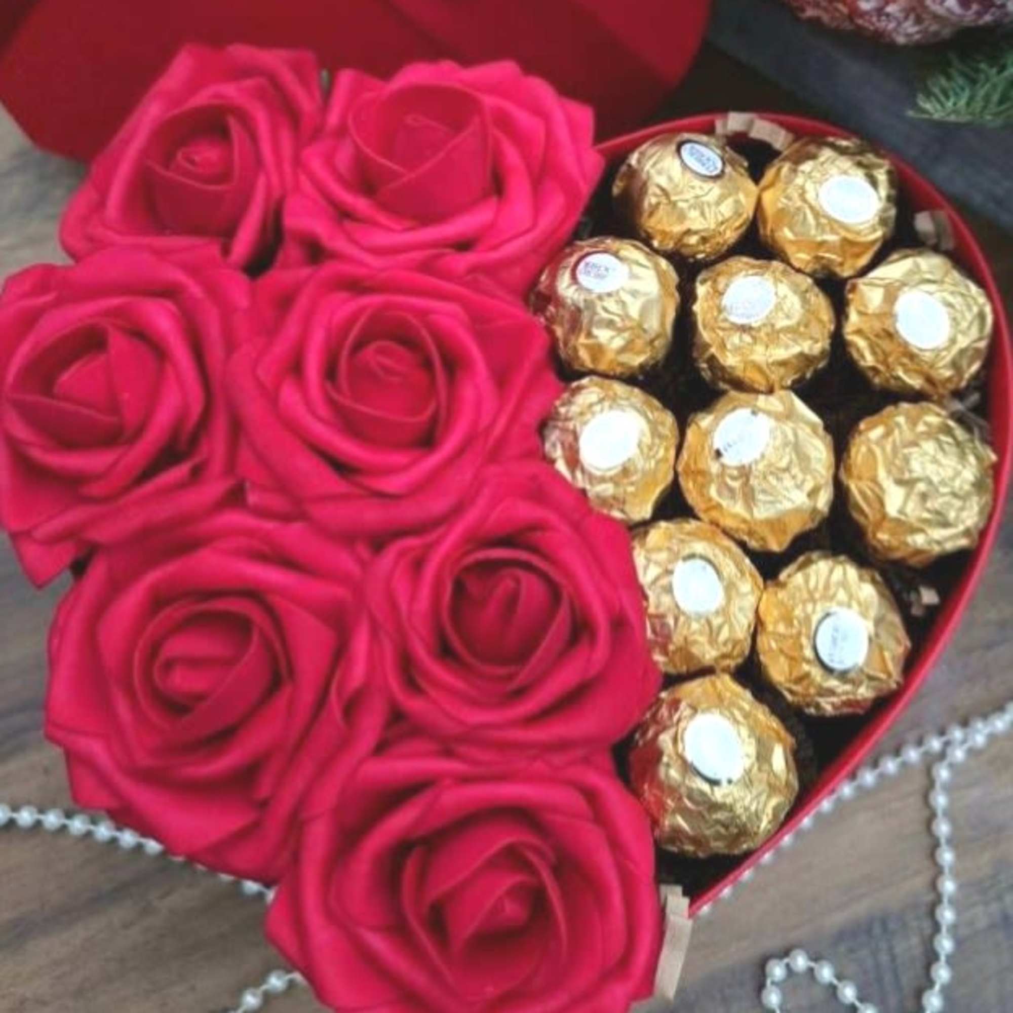 Beautiful heart shaped box with hazelnut chocolates and one half dozen lush