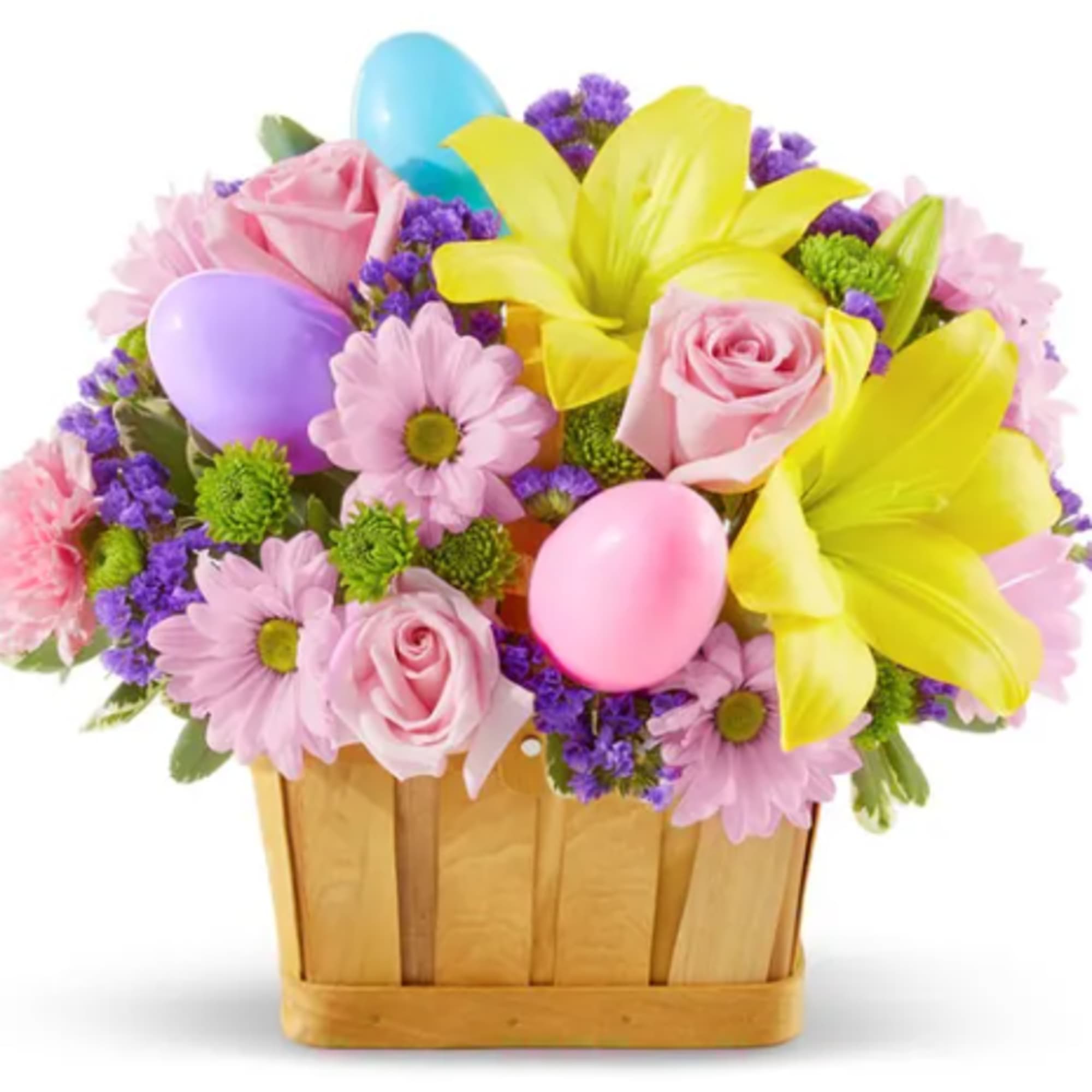 Celebrate Easter with this springtime floral basket with Yellow Asiatic Lilies, Pink