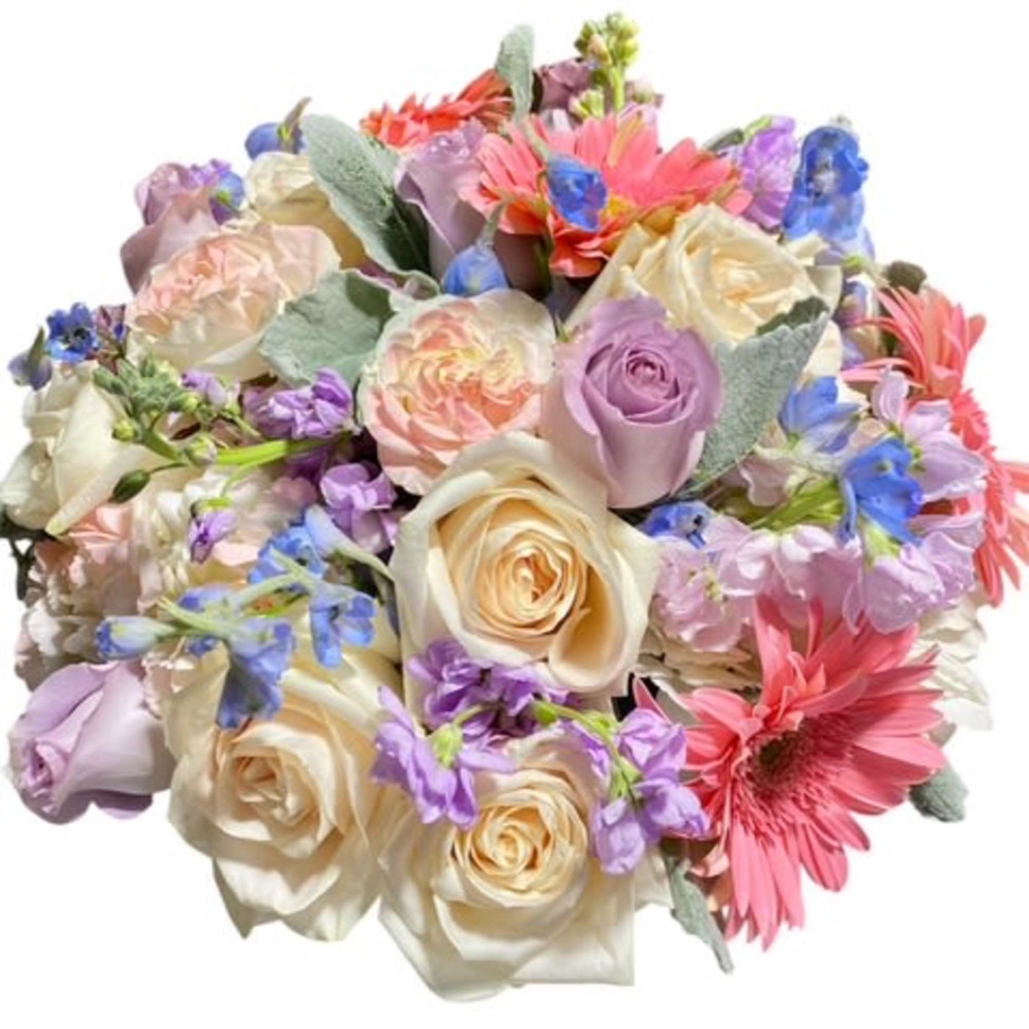 Bouquet of pastel roses and gerbera daisies with blue filler flowers