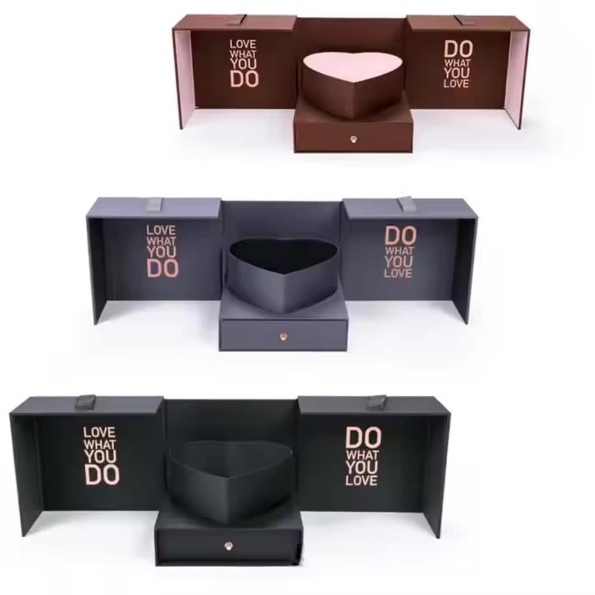 Heart-shaped gift boxes in brown, gray, and black with printed text