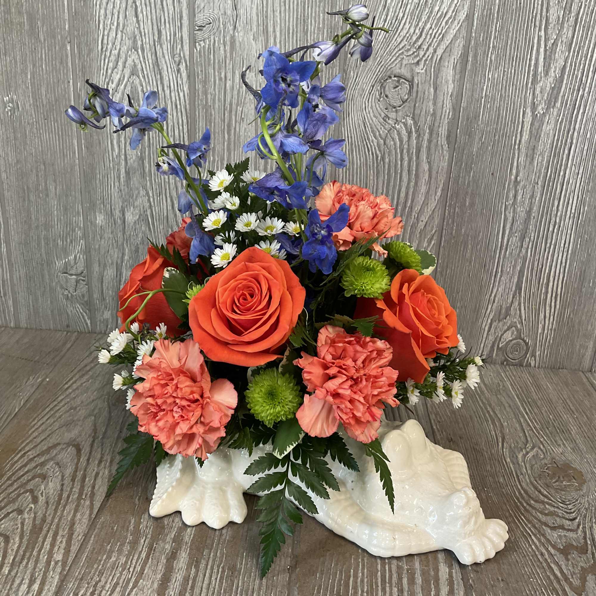 Handcrafted white alligator with a fabulous mix of orange &amp; blue. 