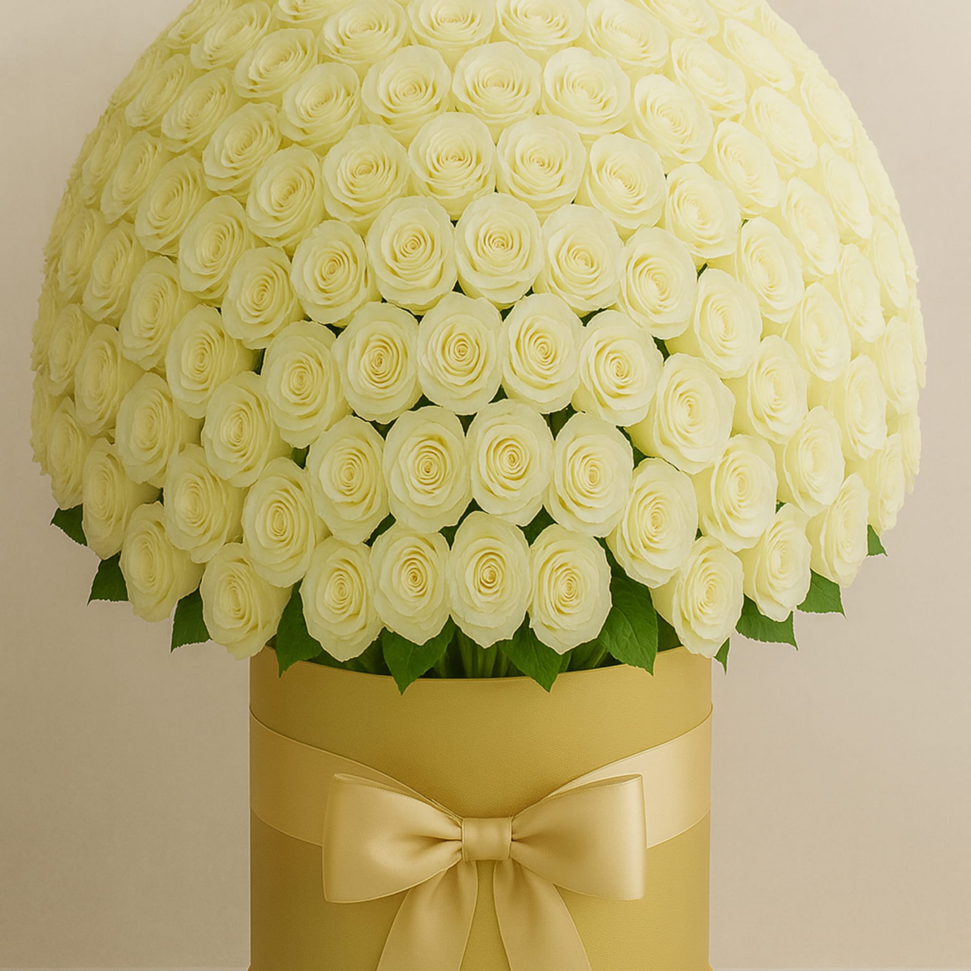 Large dome of white roses in a yellow hat box with a ribbon bow