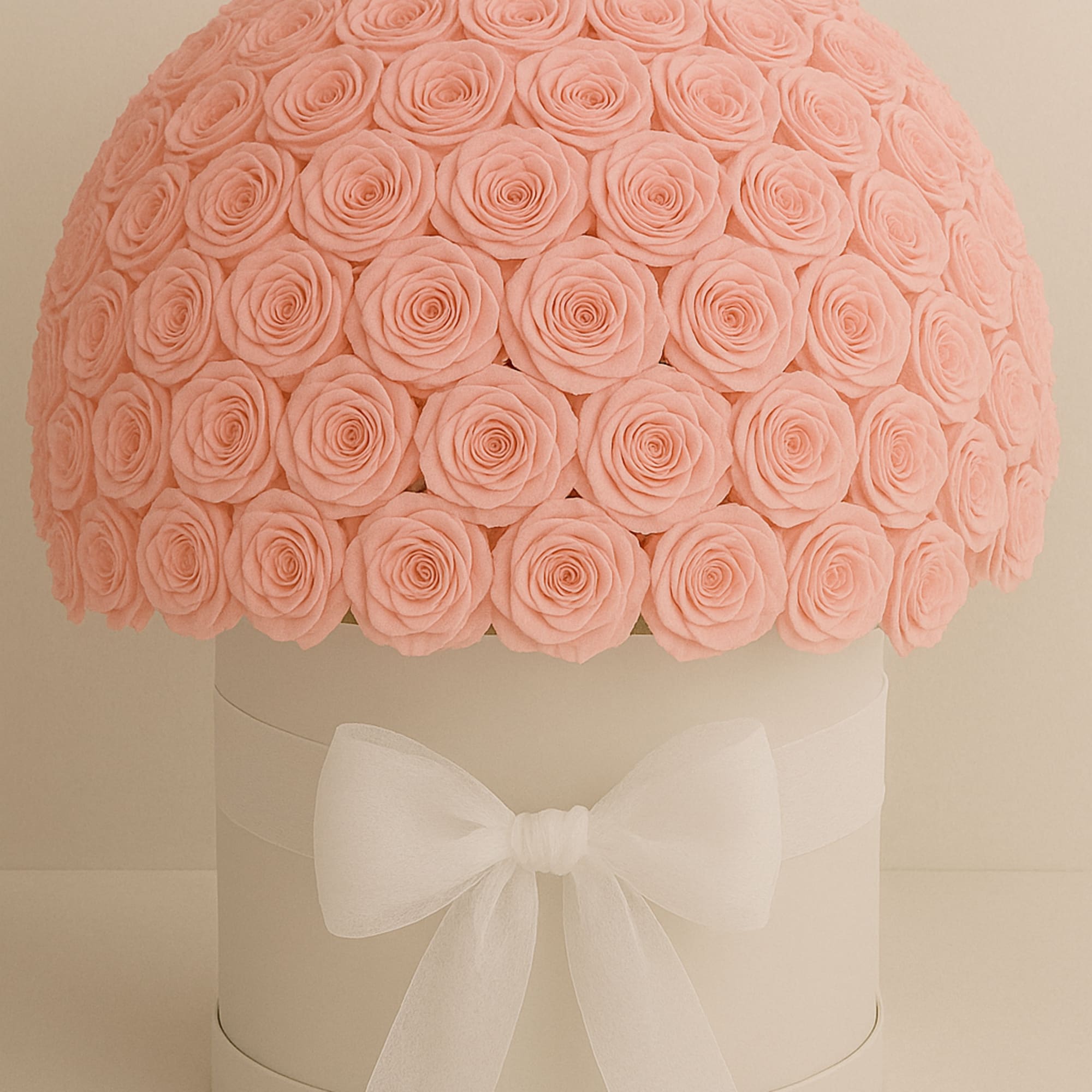 Round box of pale pink roses with a white ribbon bow