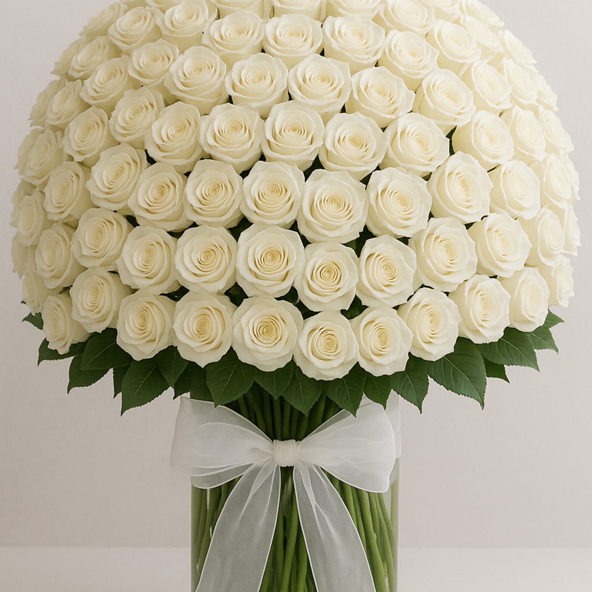 Large bouquet of white roses in a glass vase with a white ribbon