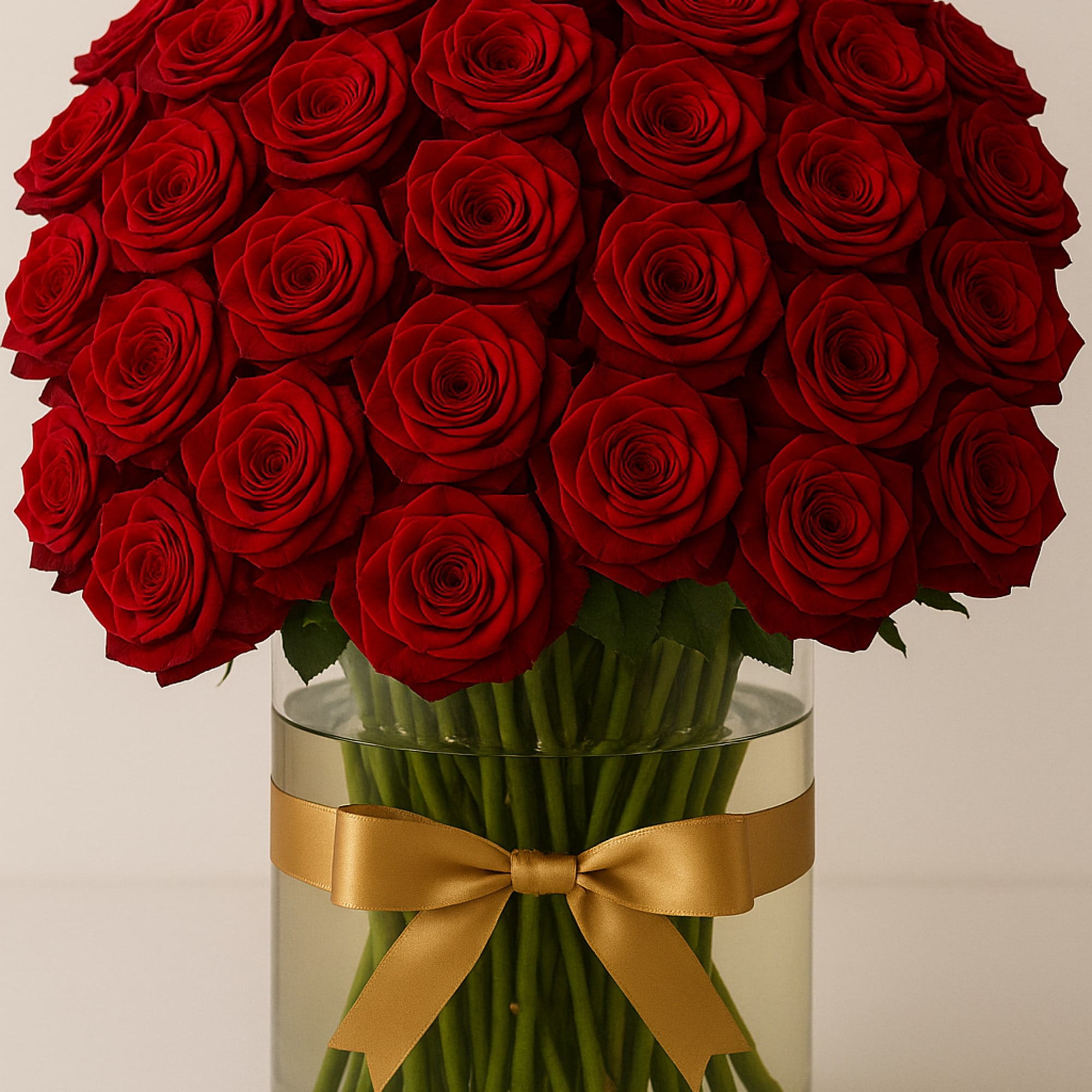 Bouquet of red roses in a clear glass vase with a gold ribbon