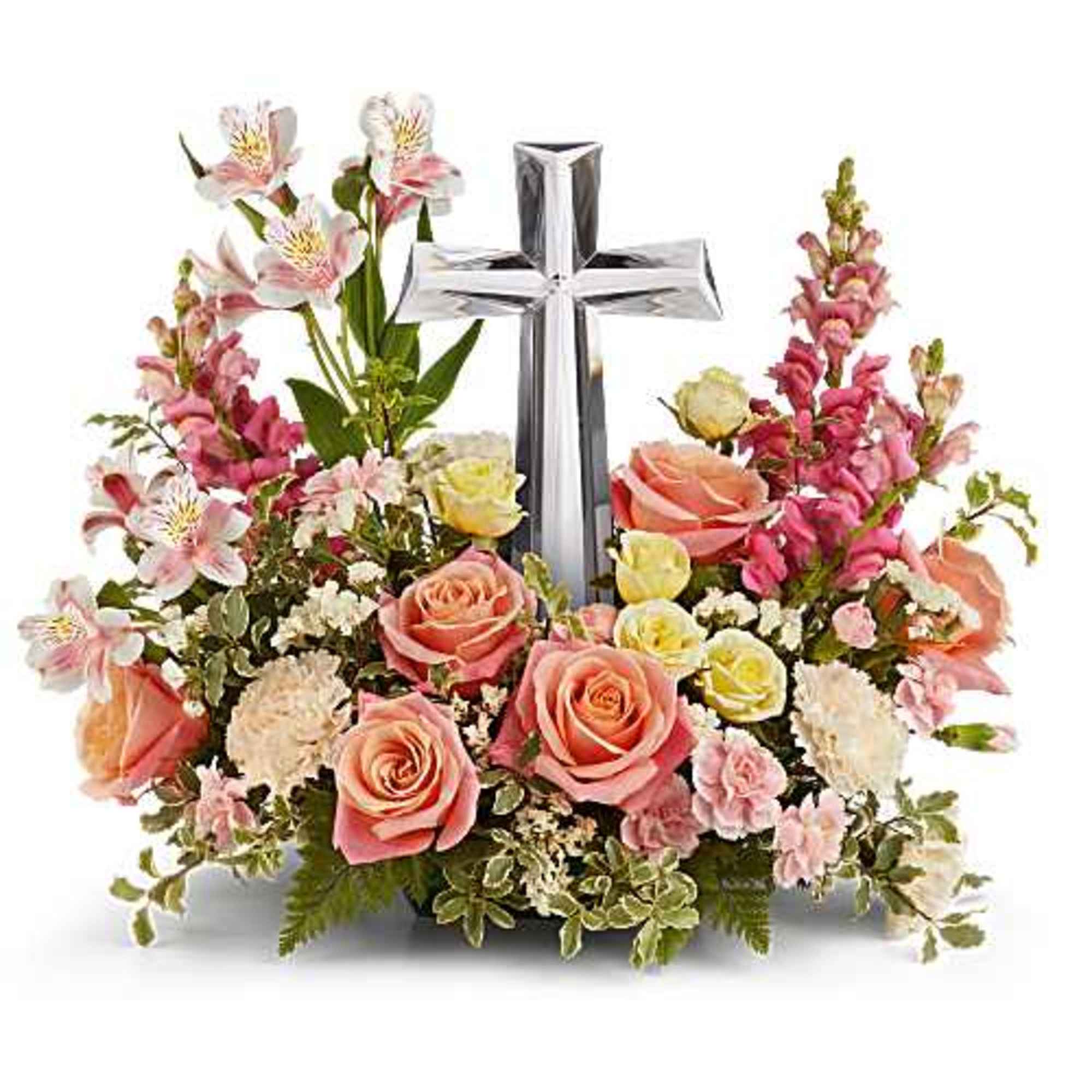 Peach roses, pink alstromeria, pink snapdragons, yellow spray roses, and light pink