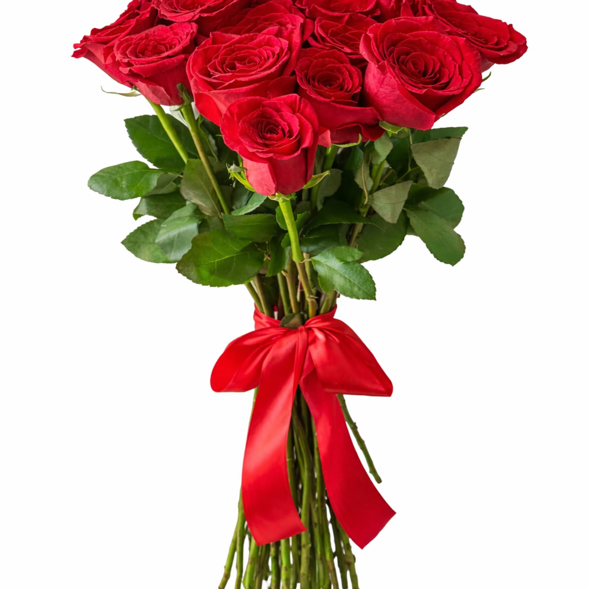 Hand-tied bouquet of red roses with a red satin ribbon bow