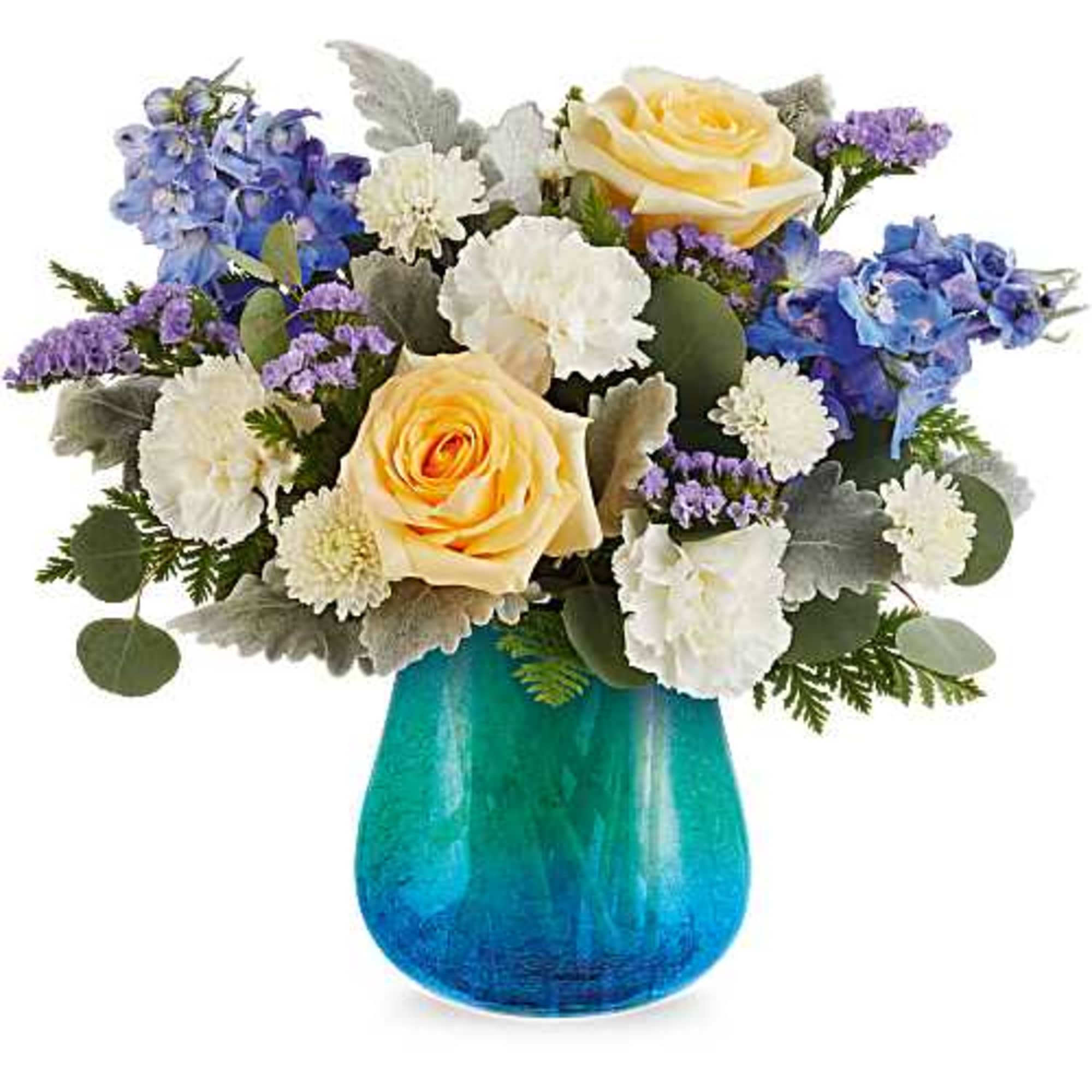 Yellow roses, white carnations, white button pomps, blue delphinium, and lavender statuce
