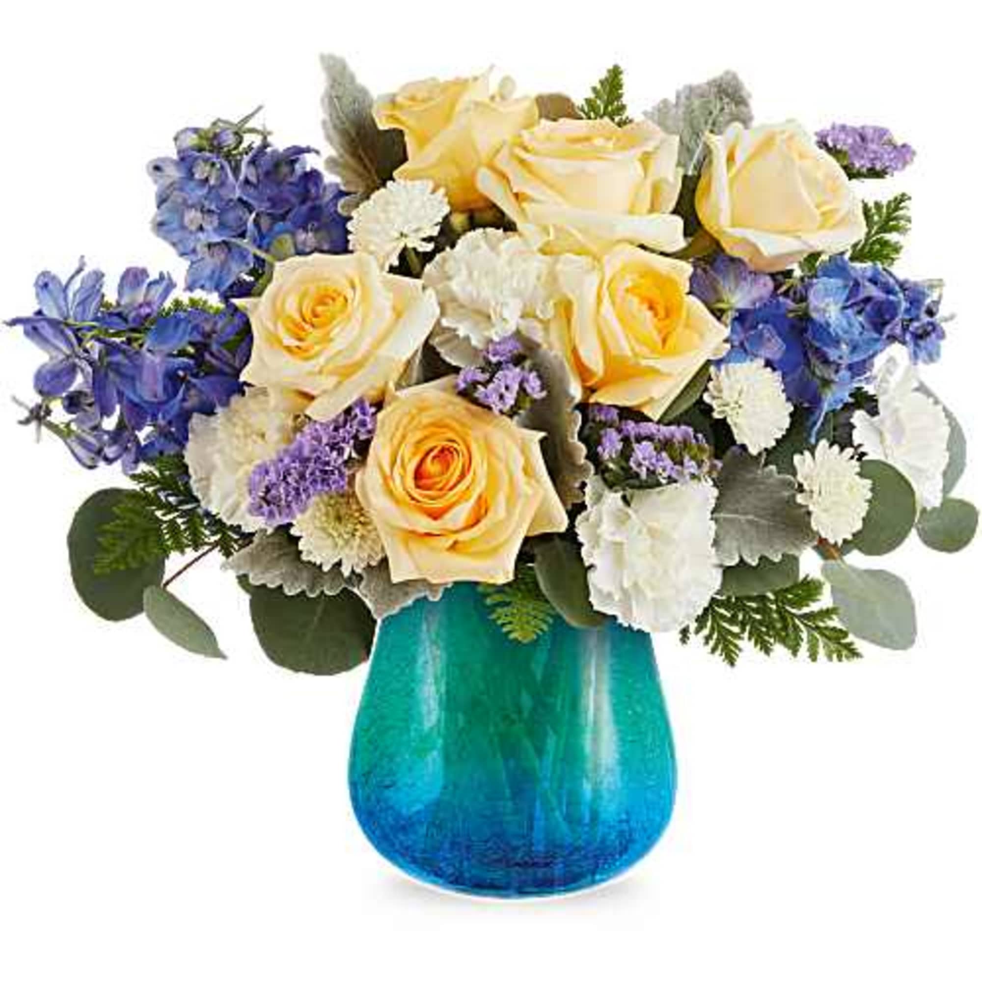 Yellow roses, white carnations, white button pomps, blue delphinium, and lavender statuce