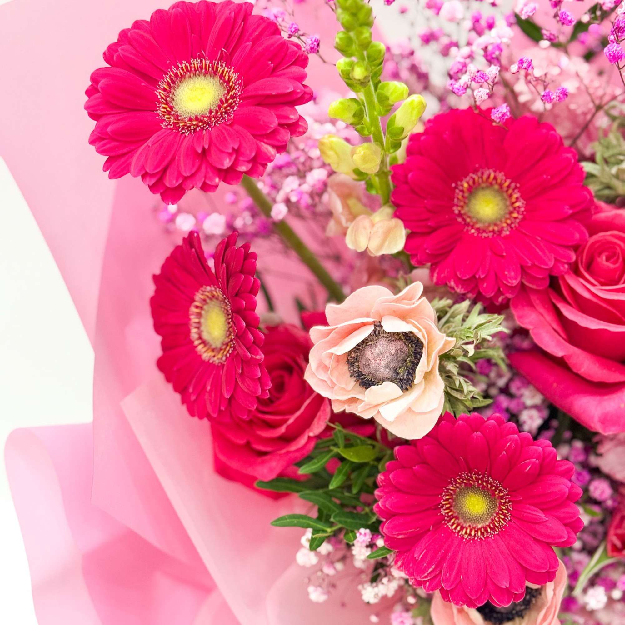 Pink gerbera daisies and roses in pink wrapping