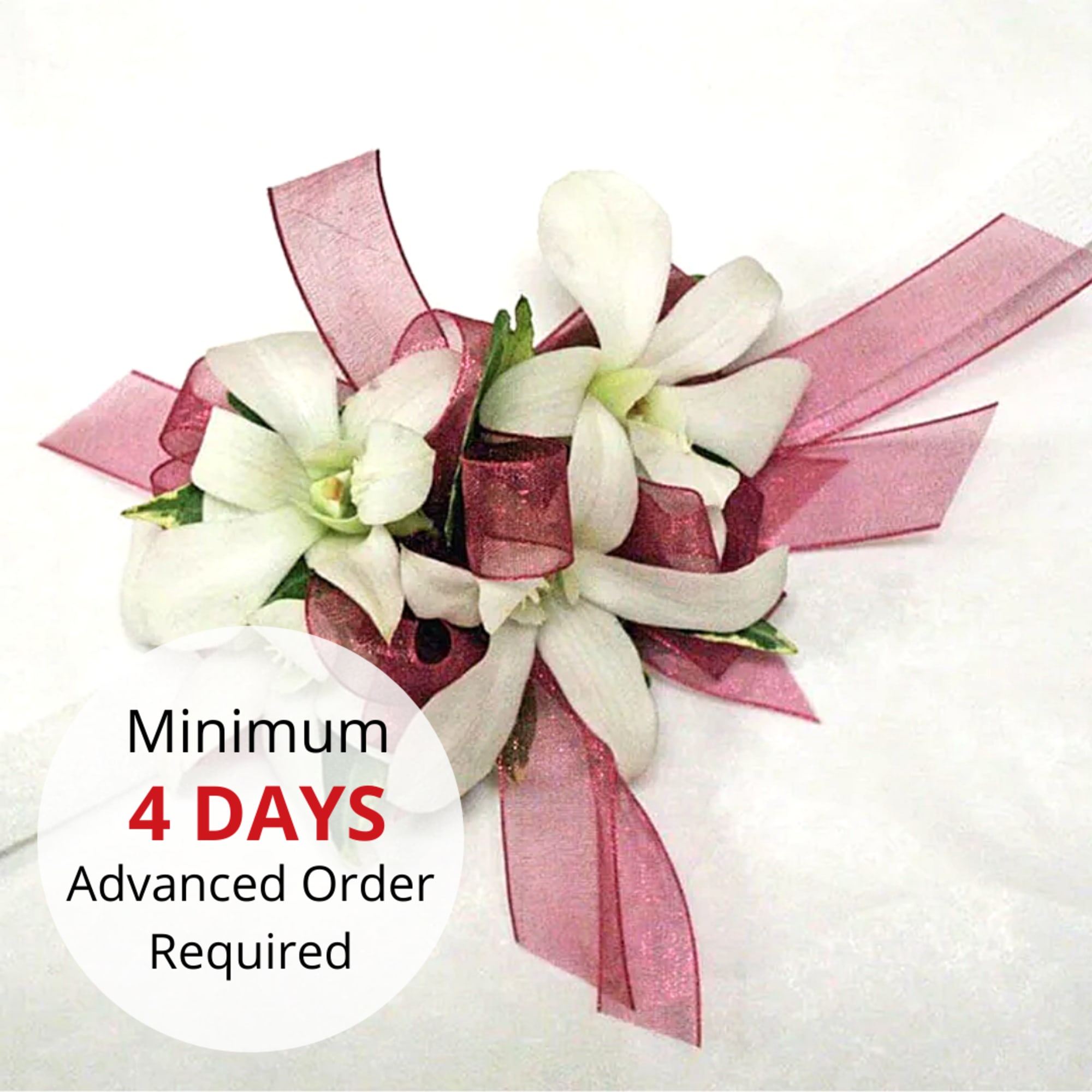 Elevate your formal look with our contemporary wristlet featuring elegant Dendrobium orchids.