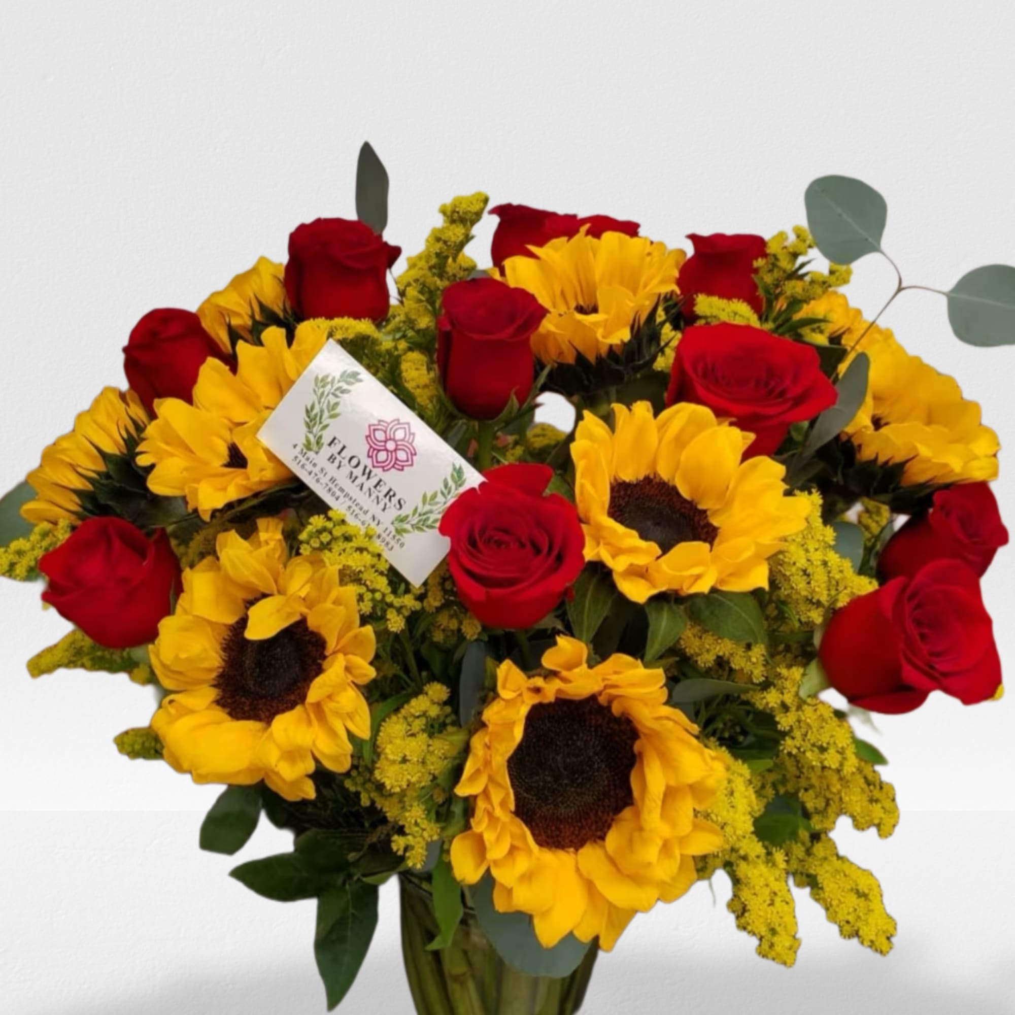 Overnight arrangement is a nice combination of 12 roses, 12 Sunflowers 6