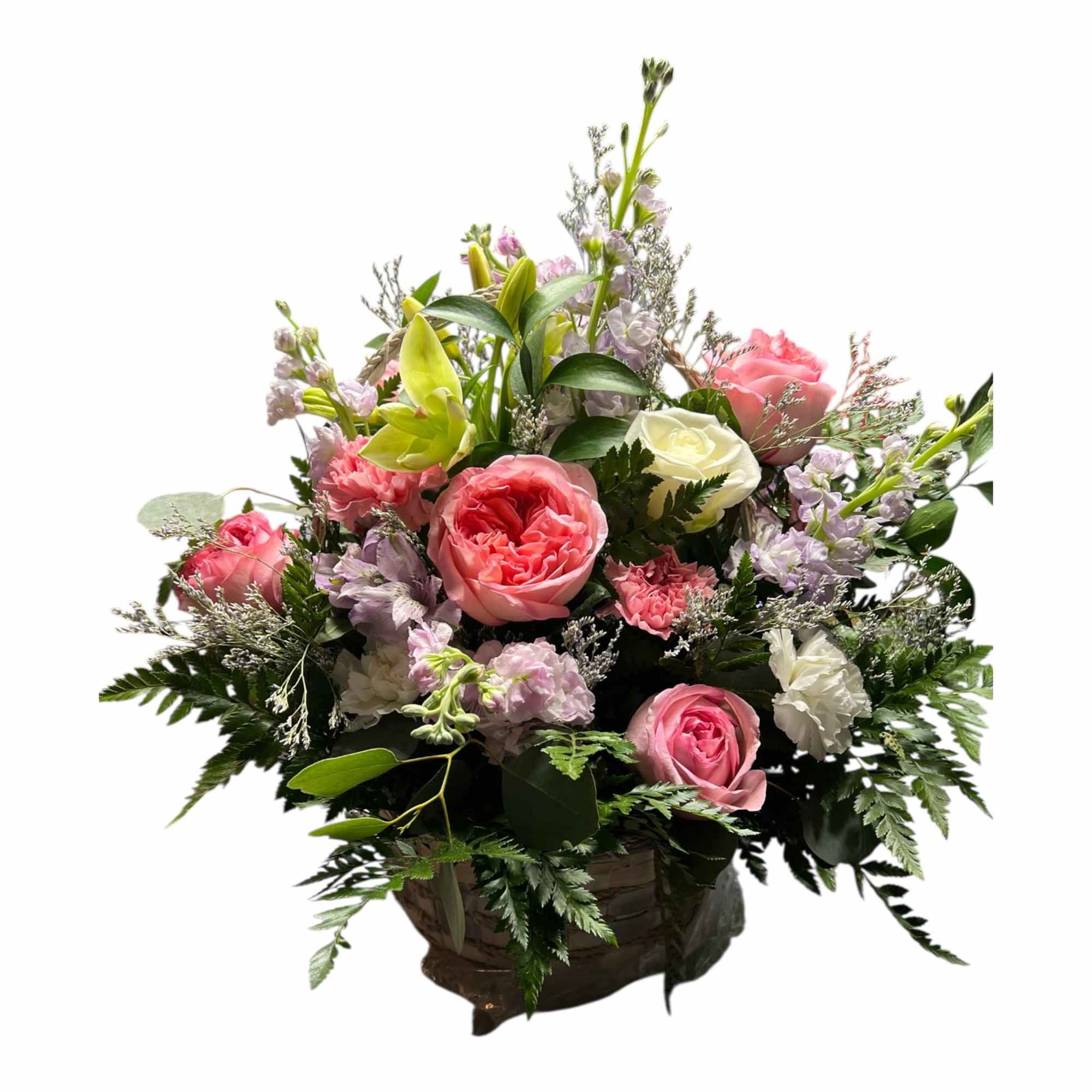 A beautiful  7" basket of pink and purple flowers.  Garden