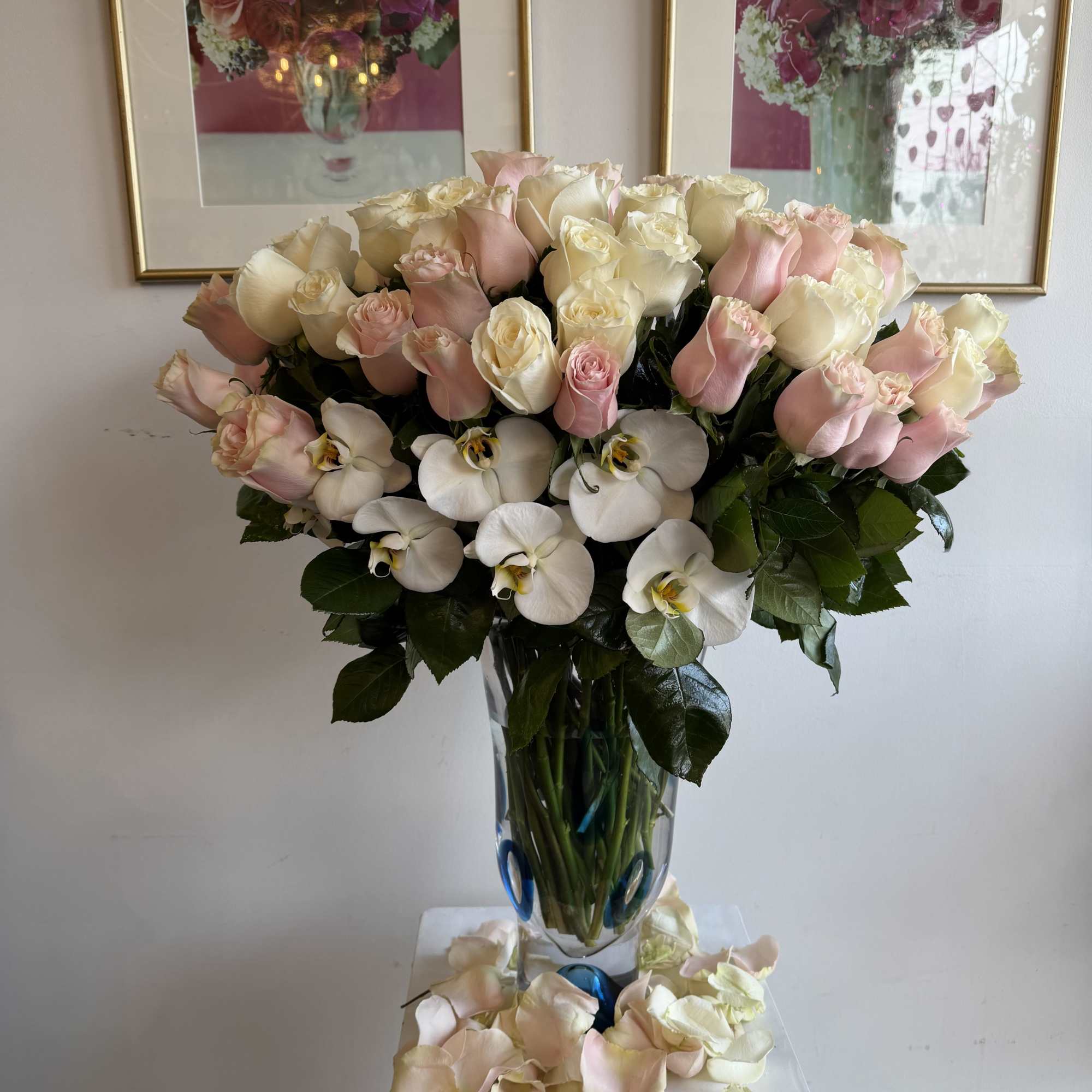 Luxury vase with a favorite touch of pink and white roses, perfectly
