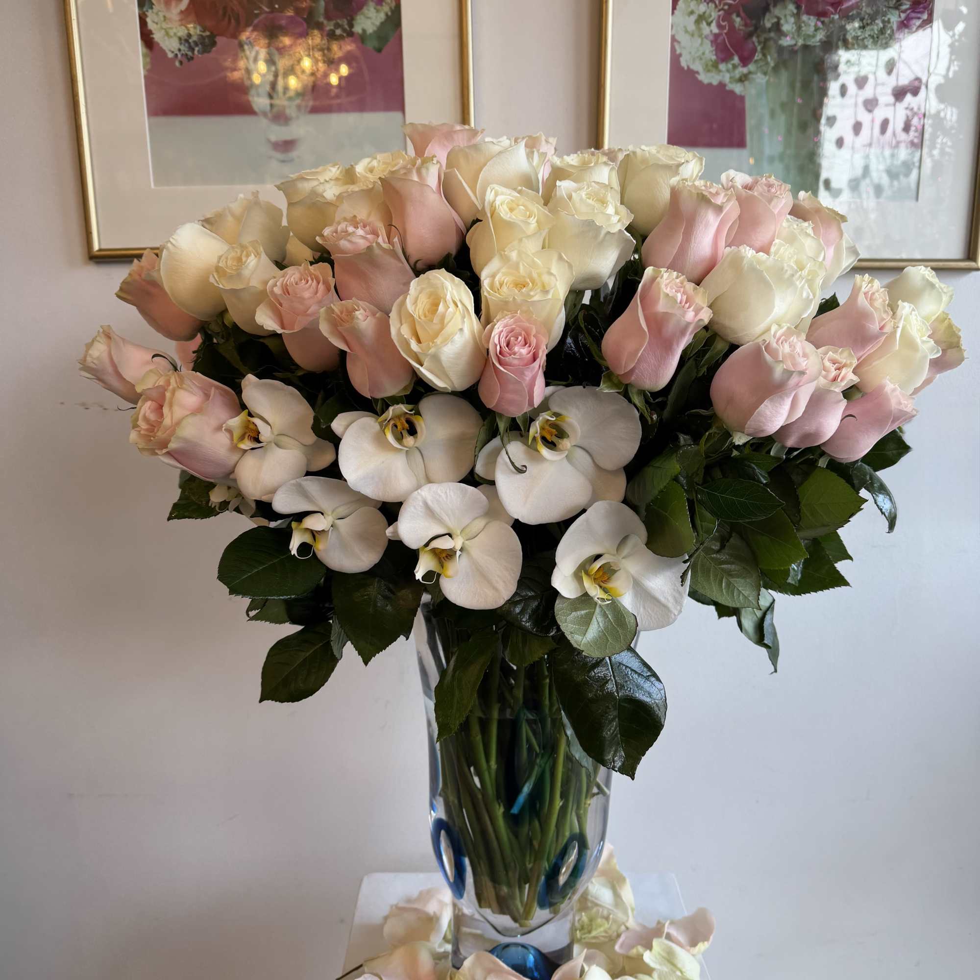 Luxury vase with a favorite touch of pink and white roses, perfectly