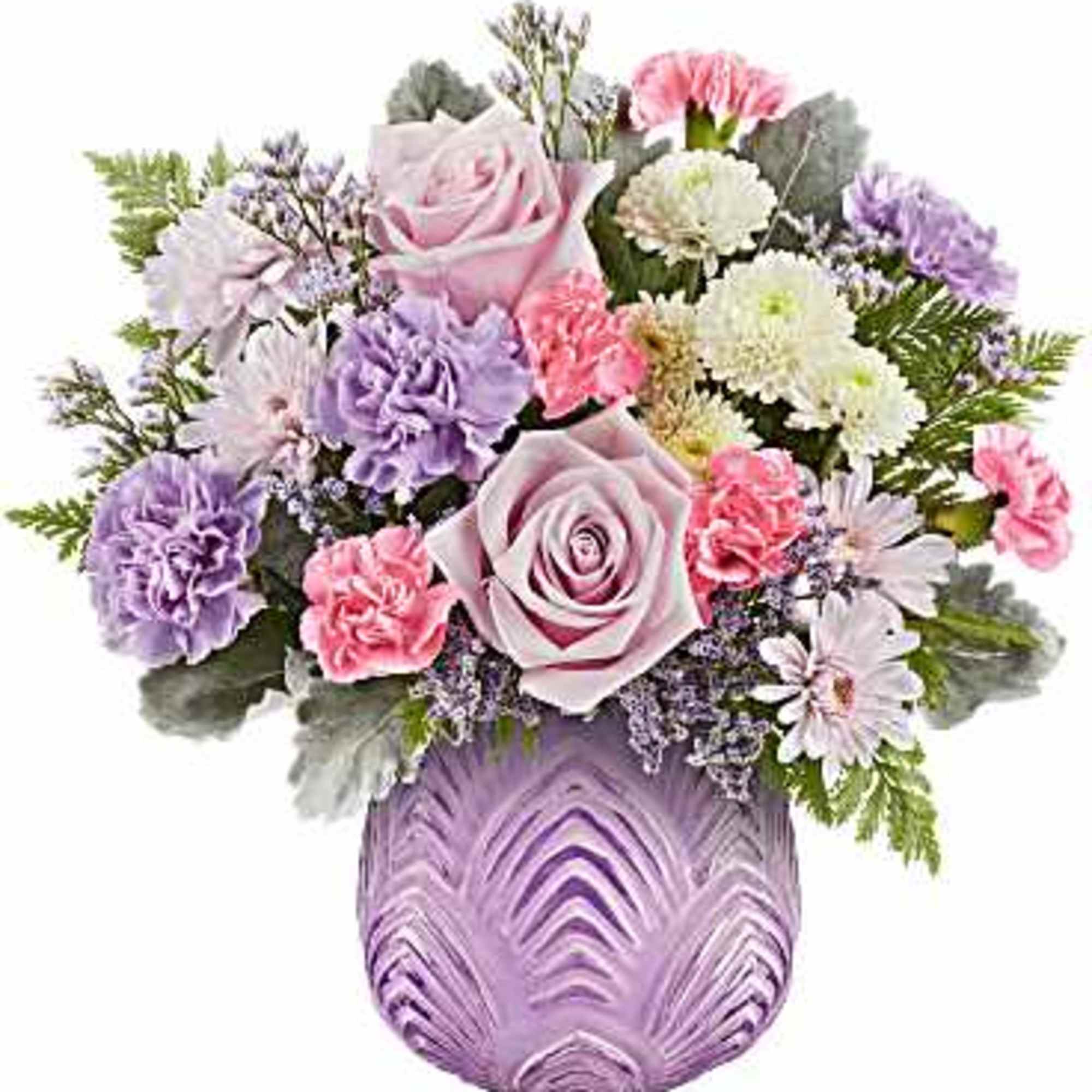 Dreamy blooms! This stylish bouquet, featuring delicate pinks and shimmering lavenders, looks