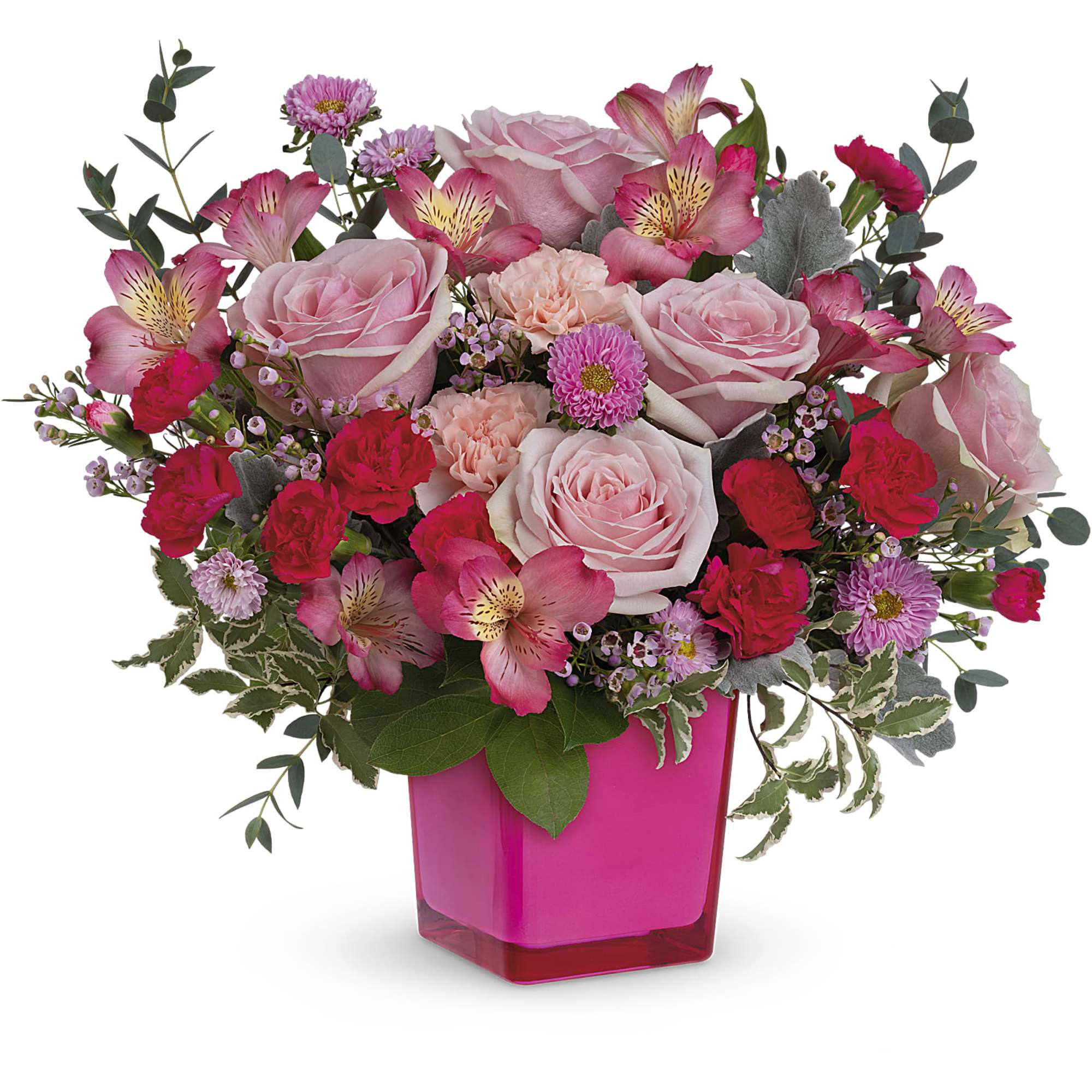 Pink rose bouquet in a bright pink vase