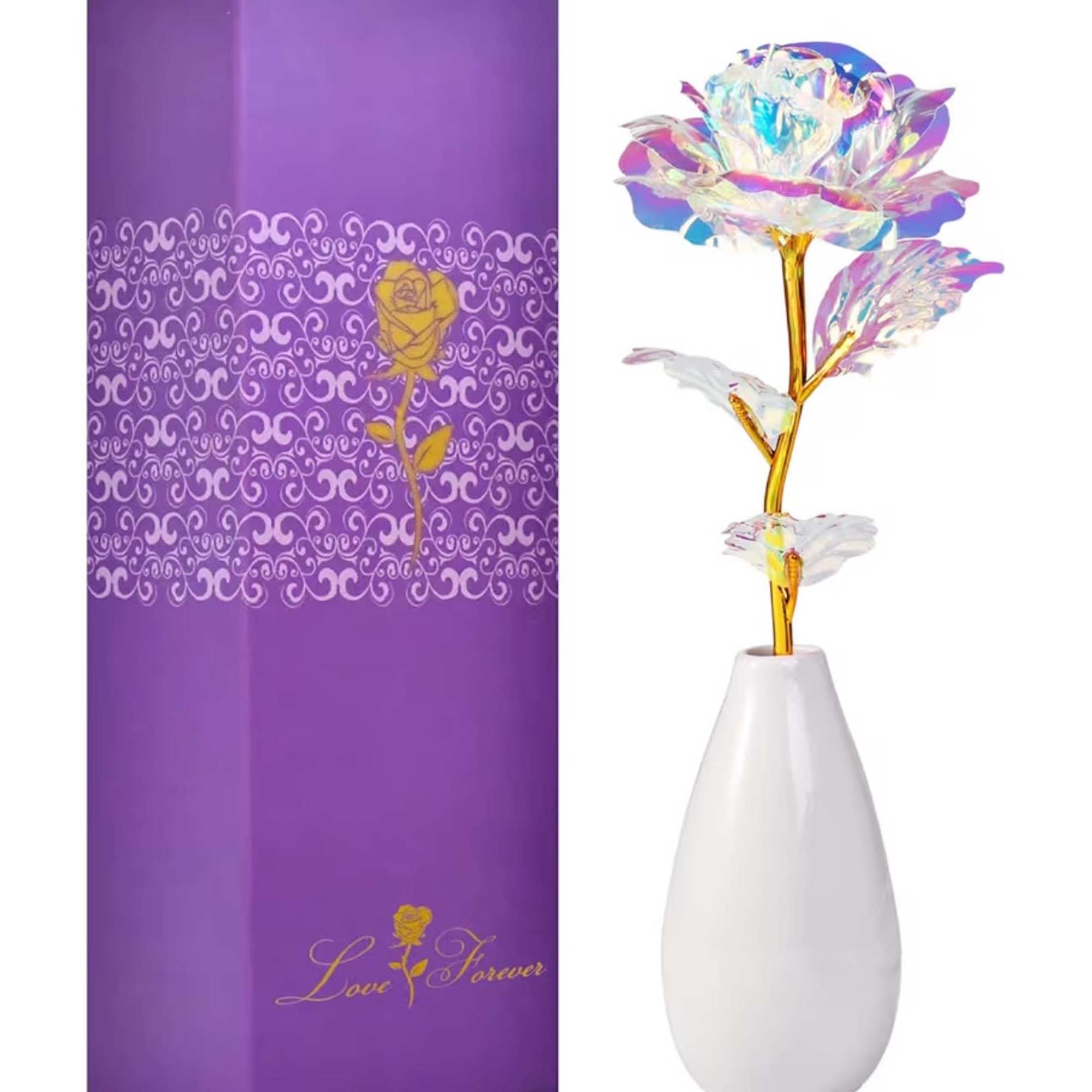 Iridescent artificial flower in a white vase beside a purple gift box