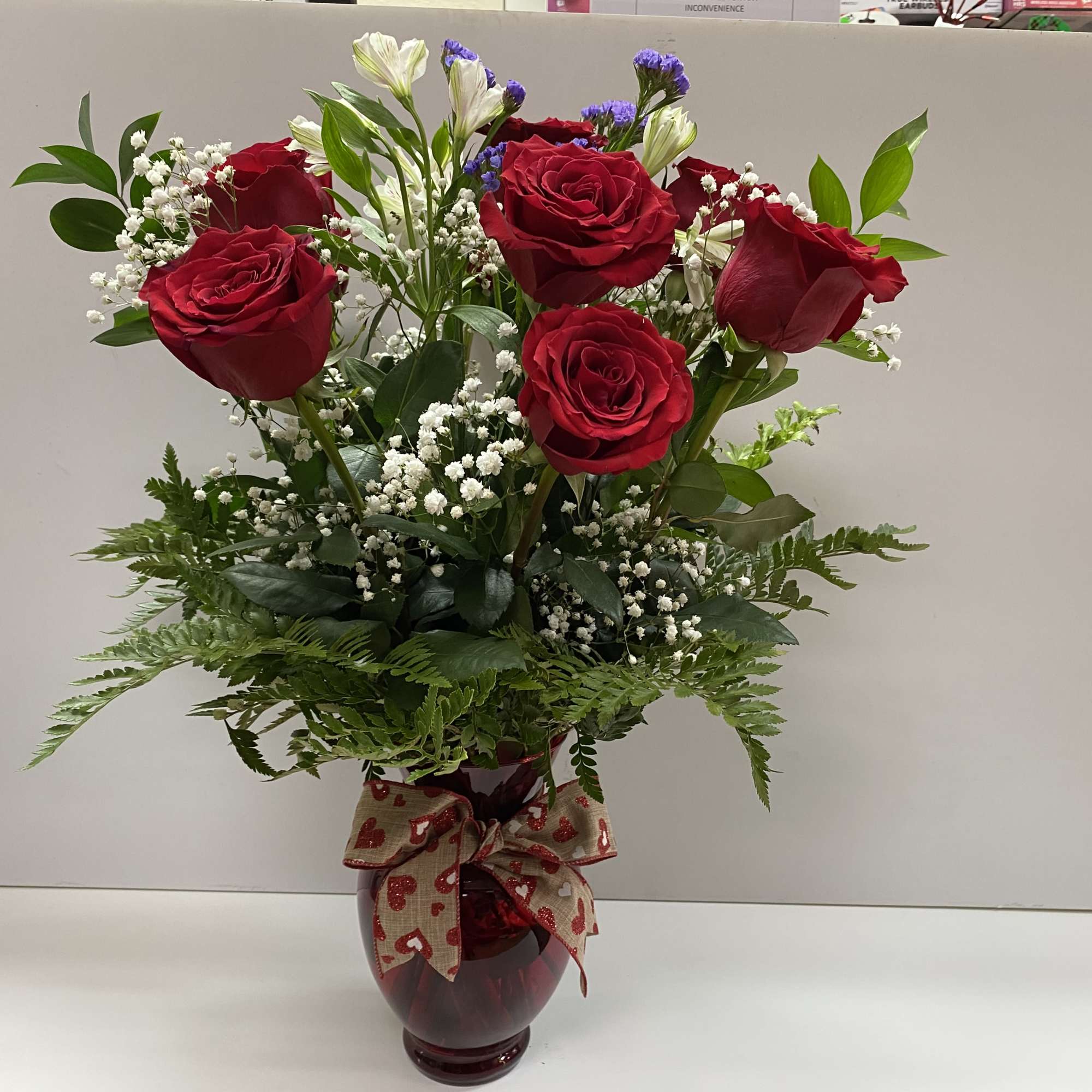 12 Roses , Alstroemeria , statice lavender, baby breath and greenery Ruscus