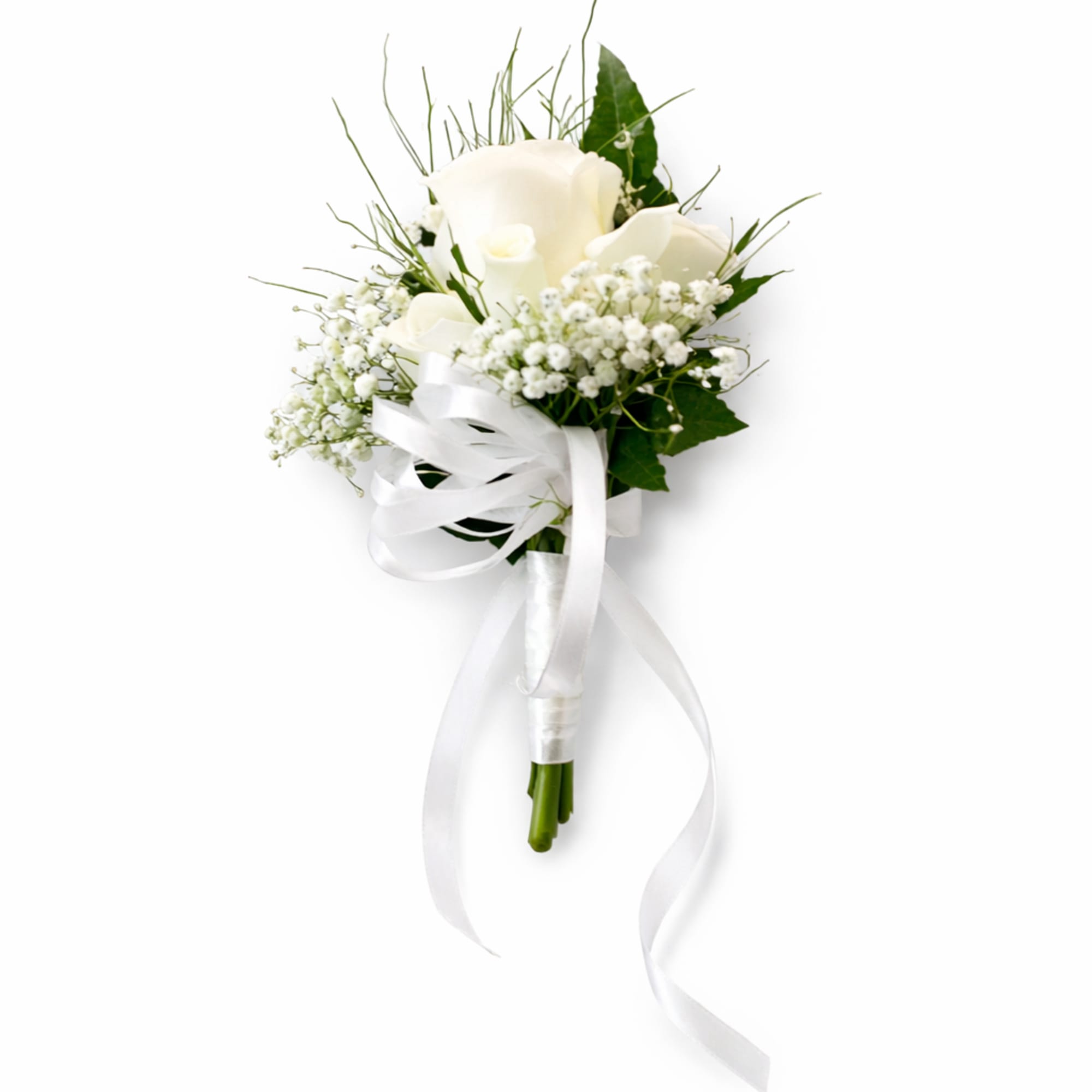 White calla lily bouquet with baby's breath and a white ribbon