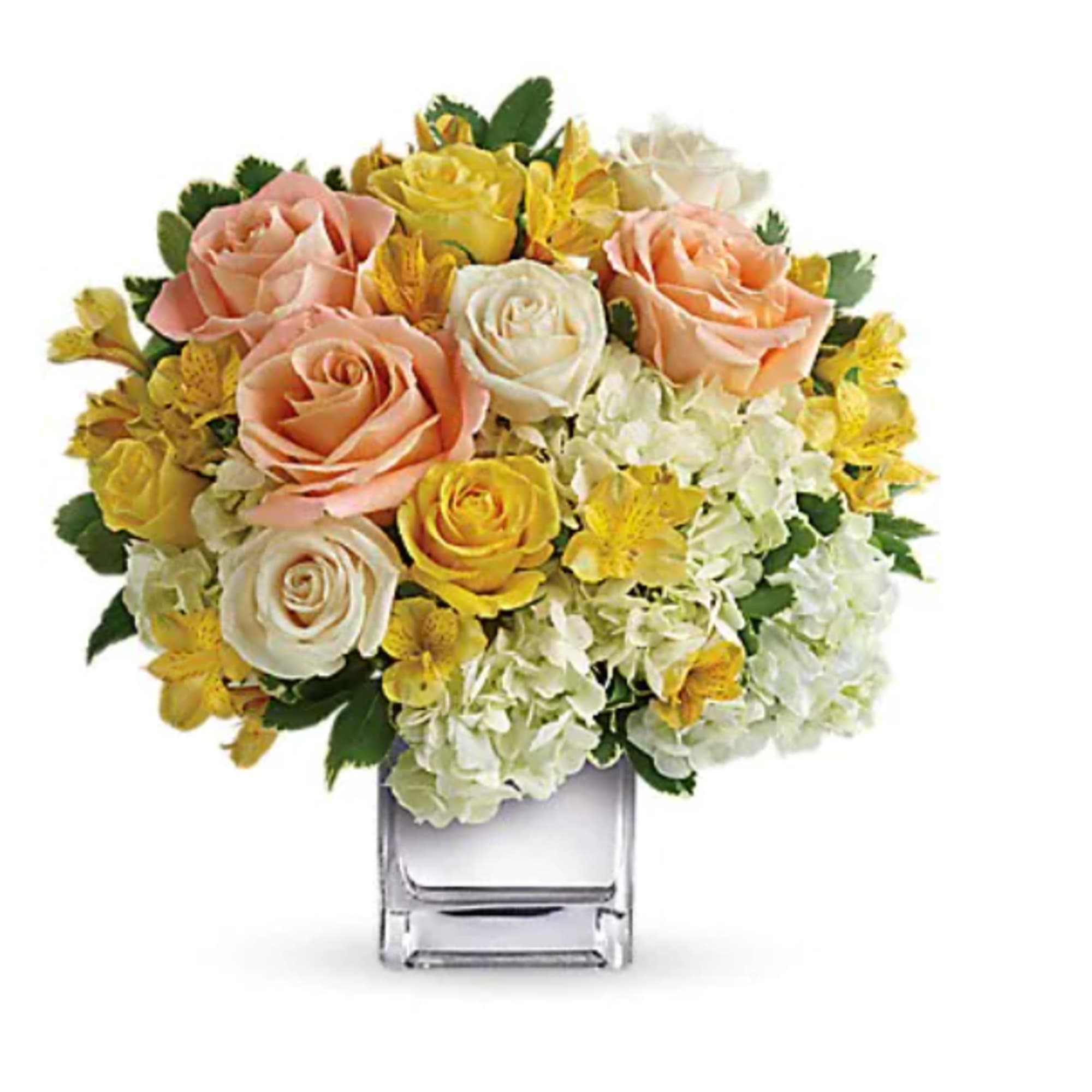 Fresh as an April morning, this cheerful array of yellow roses, cr&egrave;me