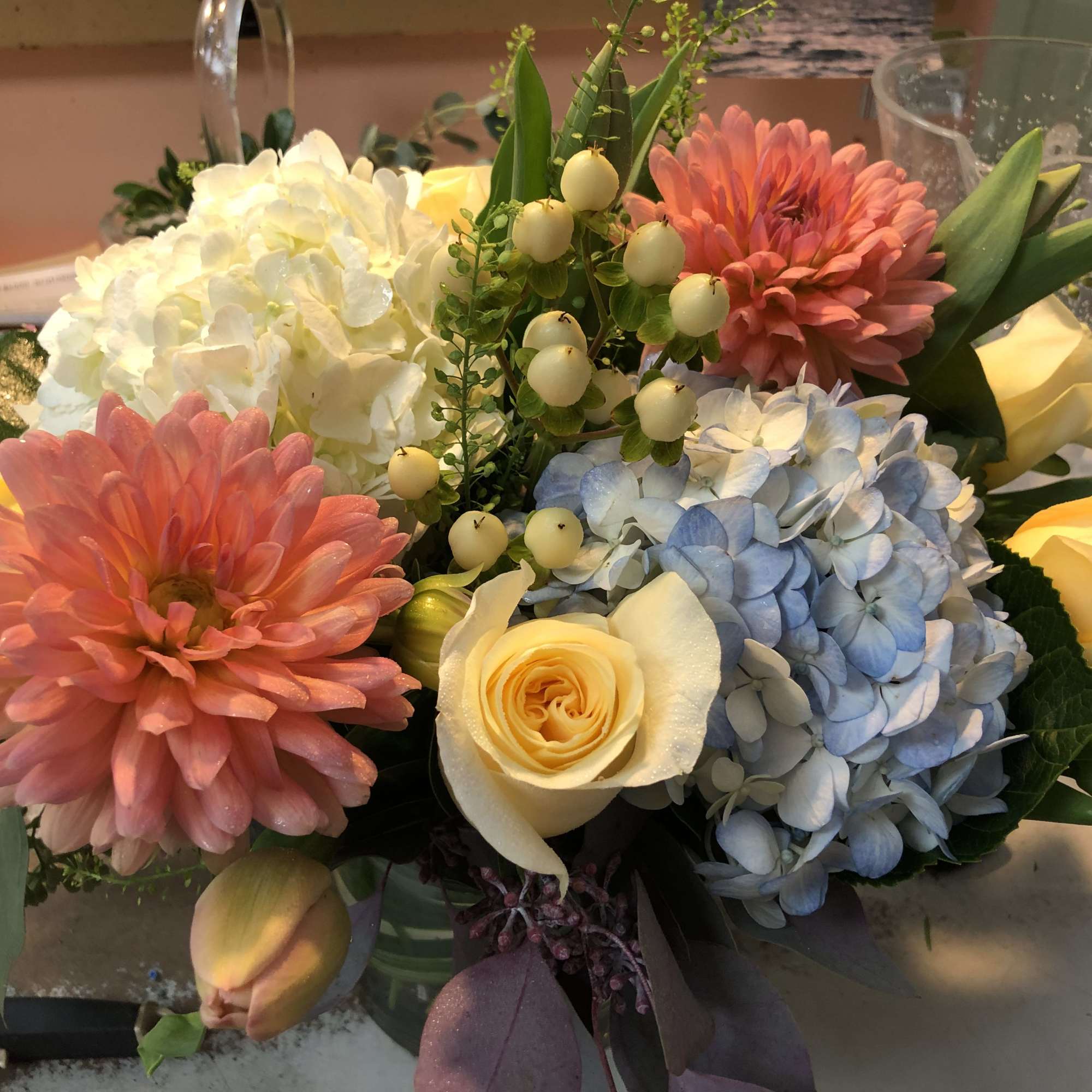 Hydrangea,  Roses,   Light Pink Peonies(Seasonal) , Dahlia(Seasonal), Hypericum, Fancy