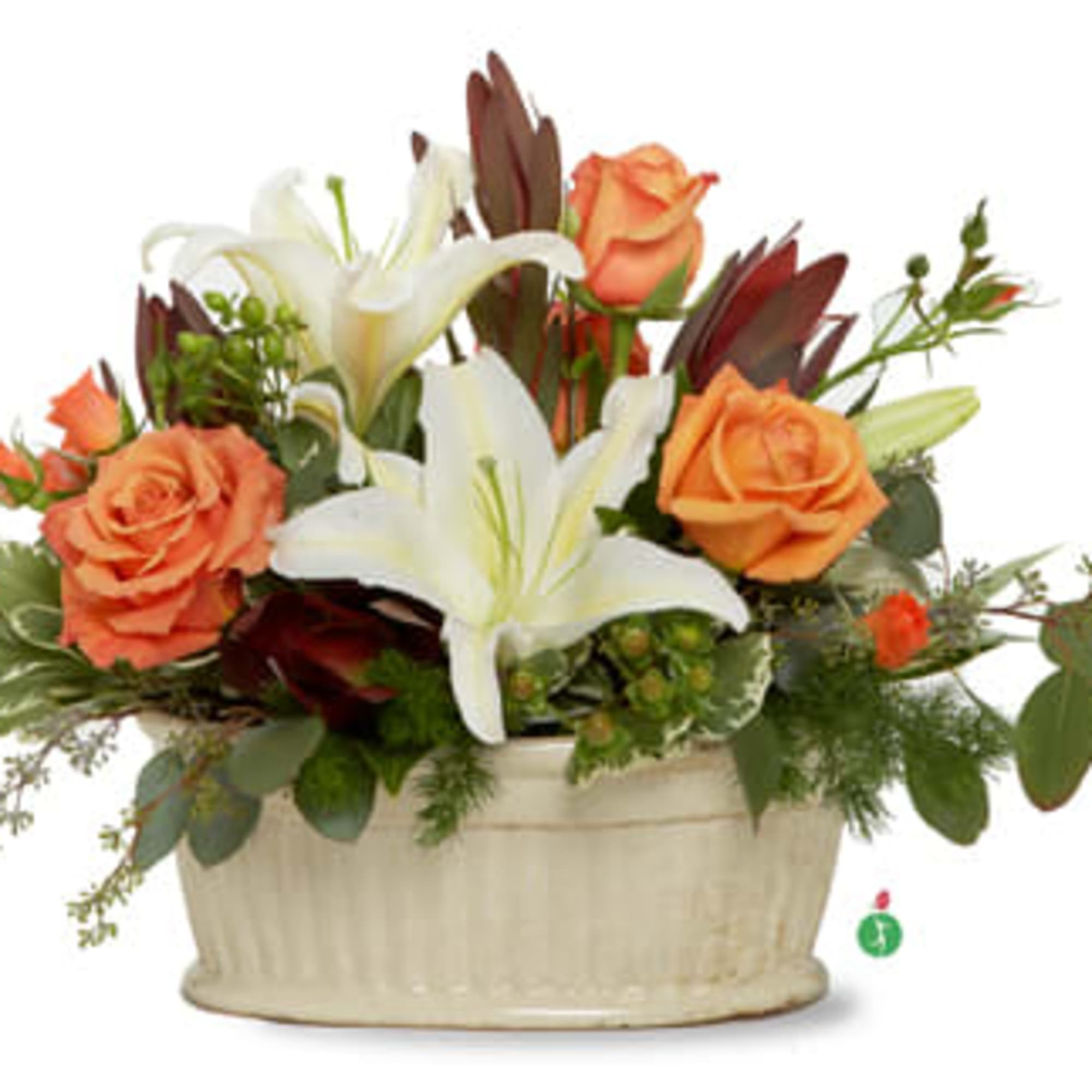 A stunning arrangement of lilies and colorful roses, mixed with an assortment