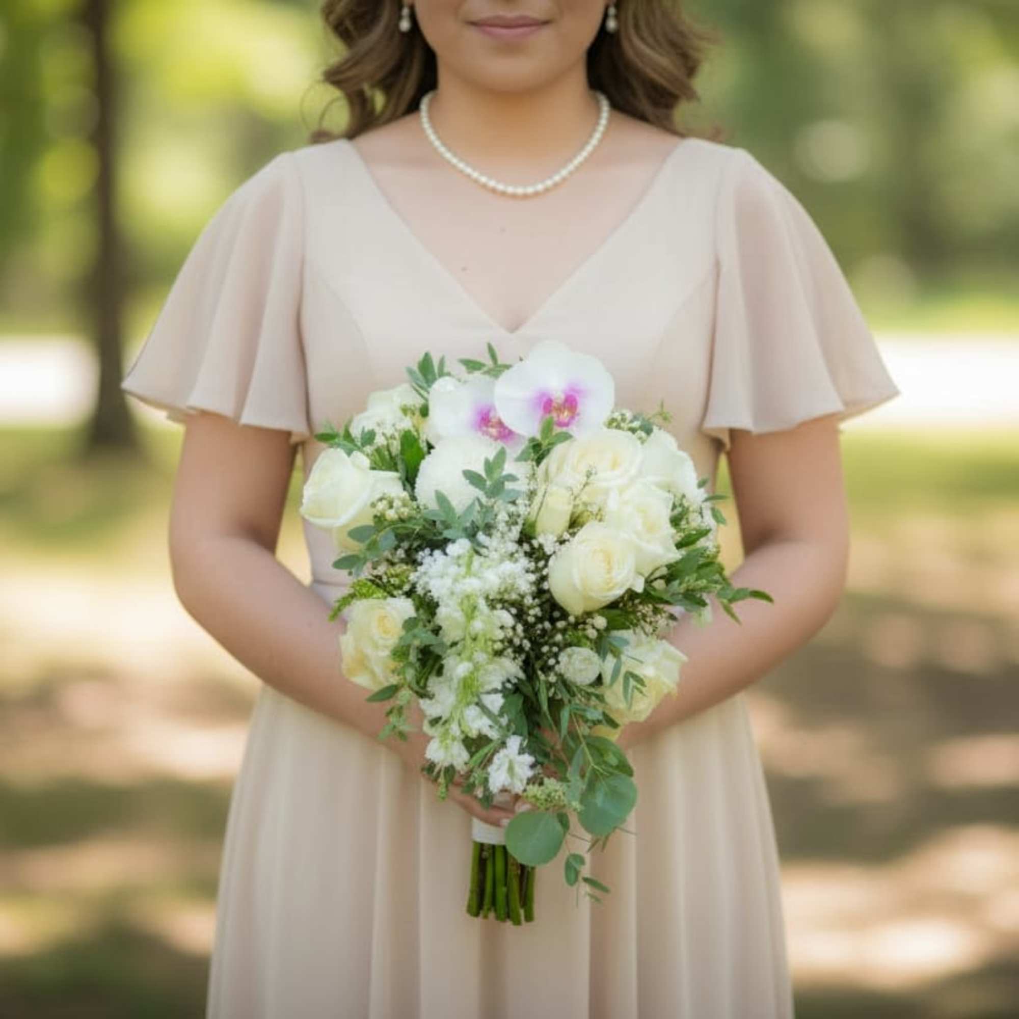 Soft, romantic, and naturally elegant, this hand tied bridal bouquet features a