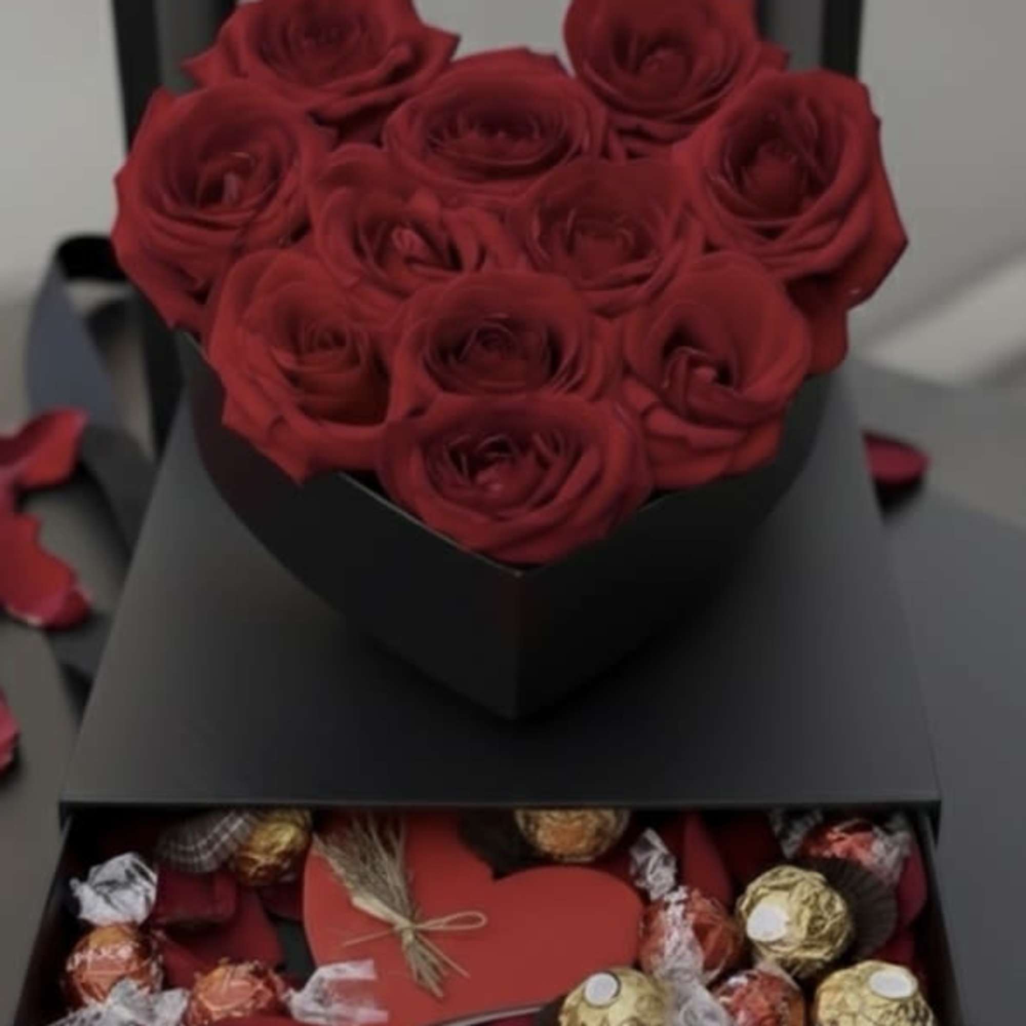 The Luxury Rose Heart Box with Chocolates is a refined and unforgettable