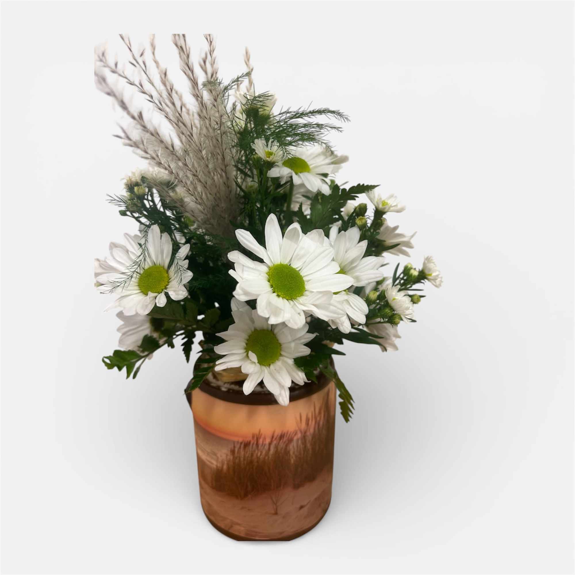 A daisy arrangement accented with a pampas grass plume designed in a
