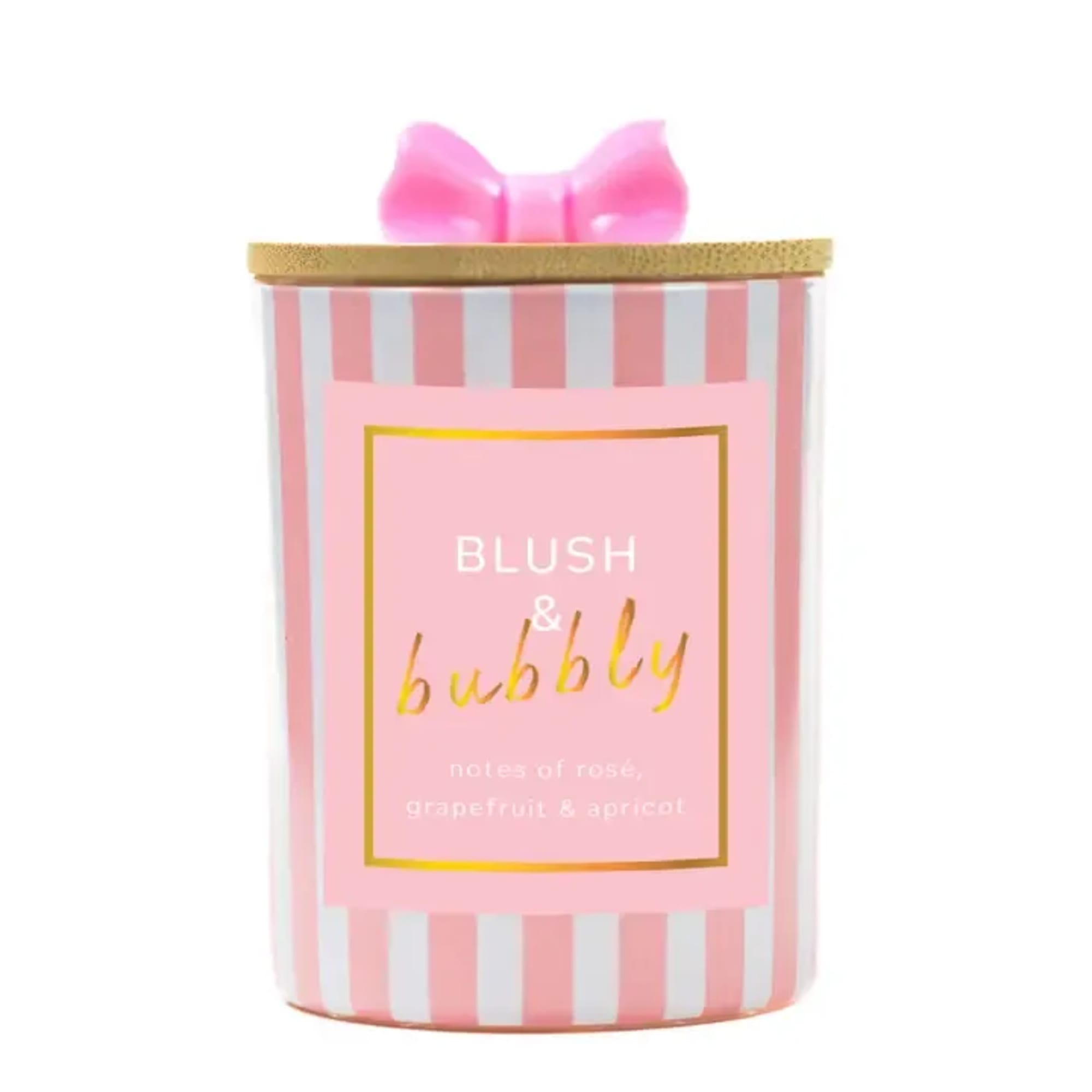 Pink striped candle jar with a bow-shaped lid