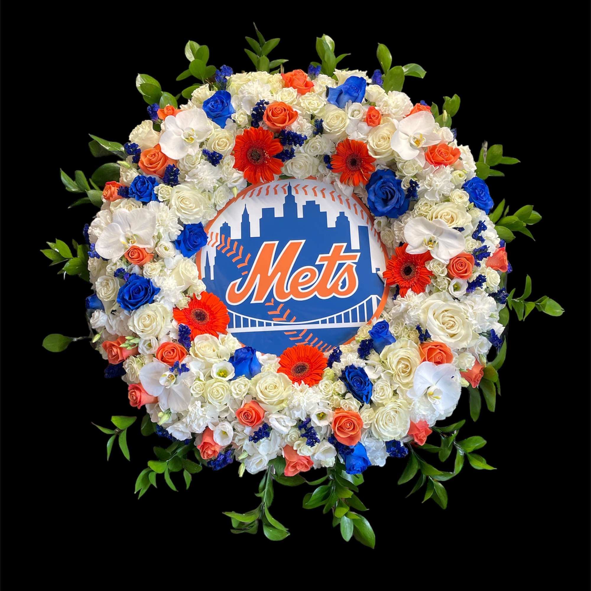 A beautiful assortment of flowers in NY Mets colors arranged in a