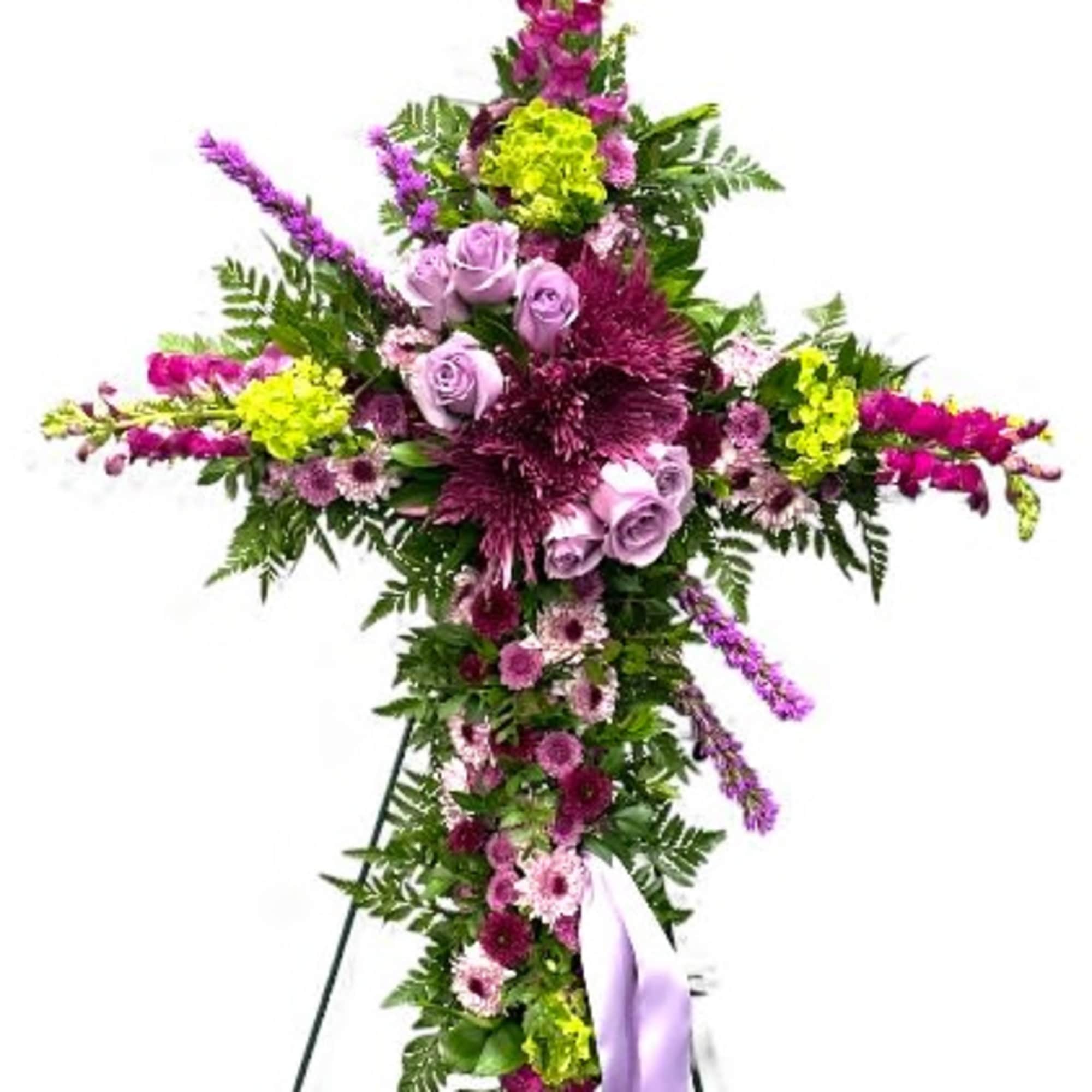 This purple and lavender easel features a graceful cross-shaped display, beautifully adorned