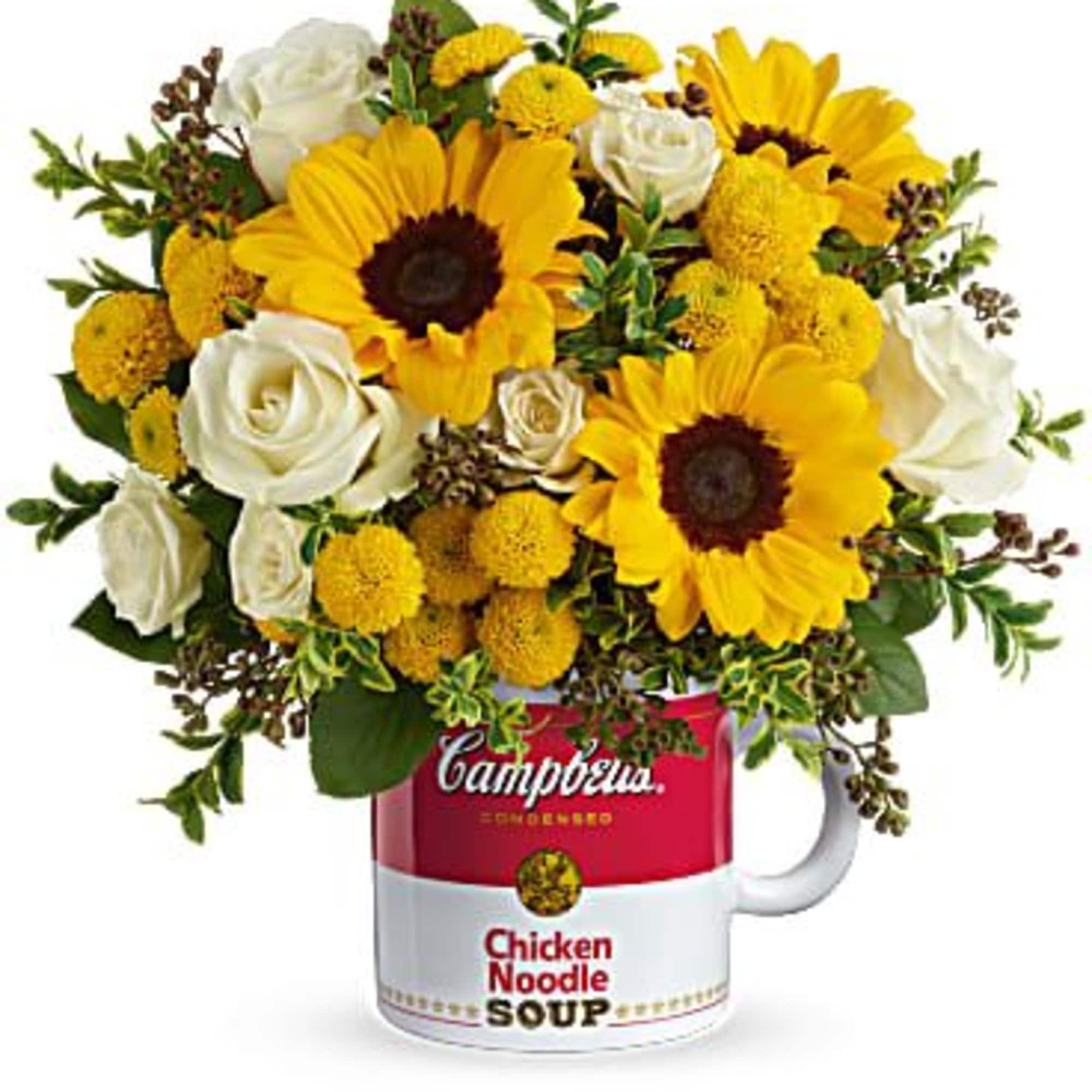 This warm bouquet includes yellow sunflowers, yellow button chrysanthemums, stem oregonia, lemon