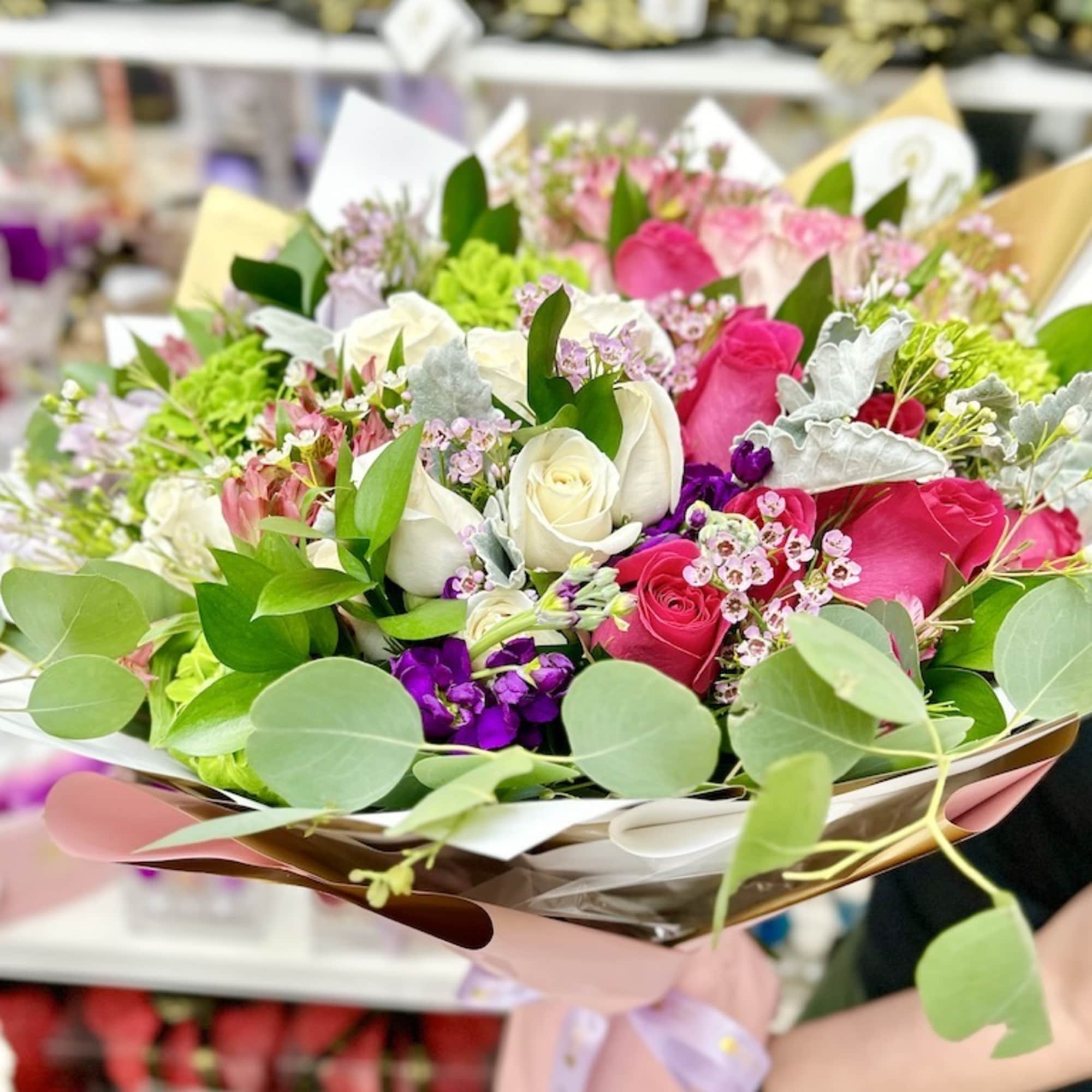 50 Roses Mixed Spring Bouquet: 50 Roses mixed with greenery, eucalyptus, nicely