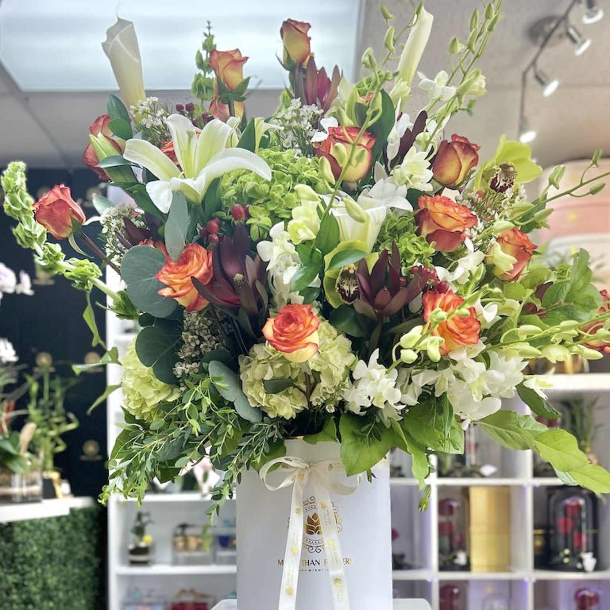 Lushly Flower Box Bouquet: Exquisite assortment of flowers, roses, eucalyptus, hydrangeas, stars