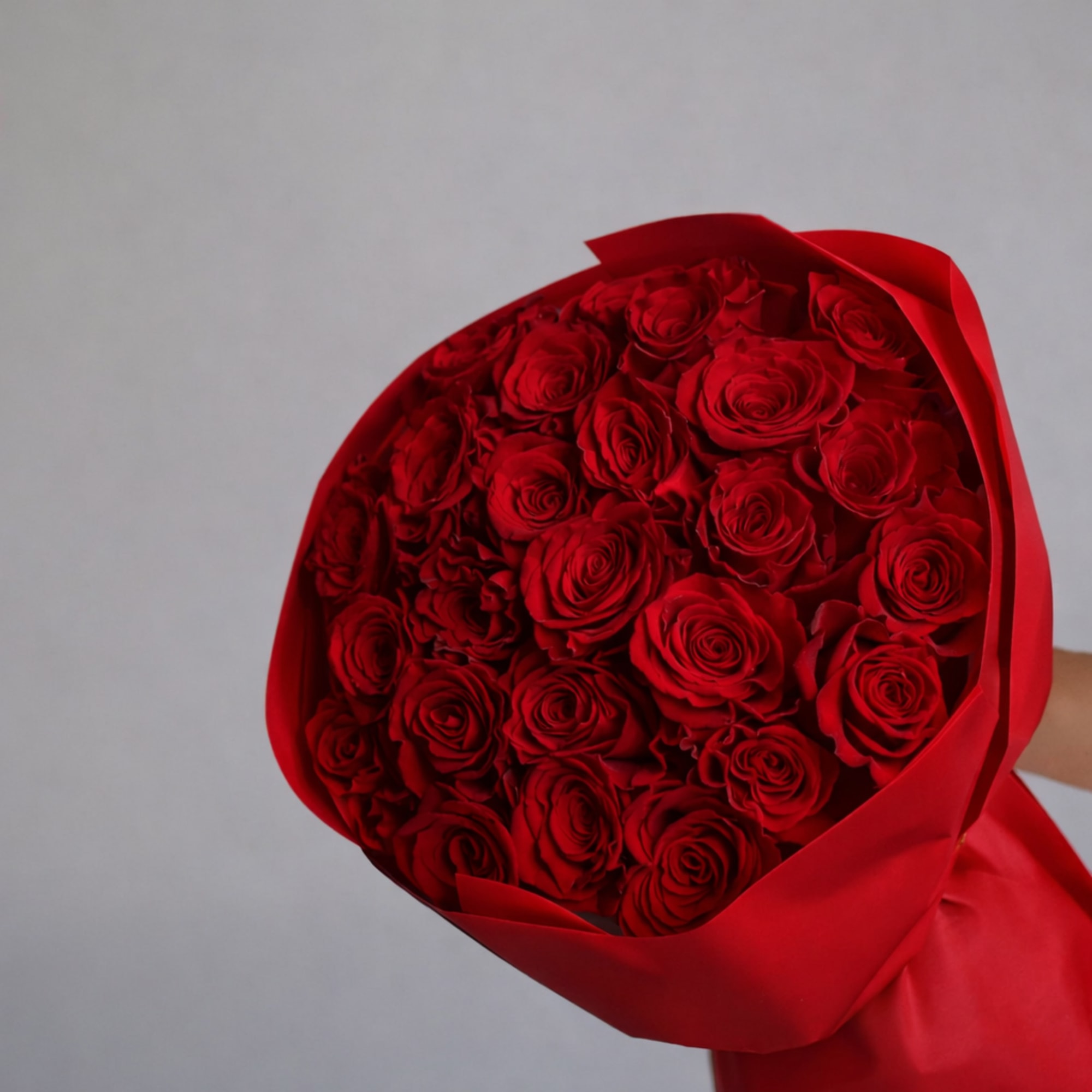 Bouquet of red roses wrapped in red paper