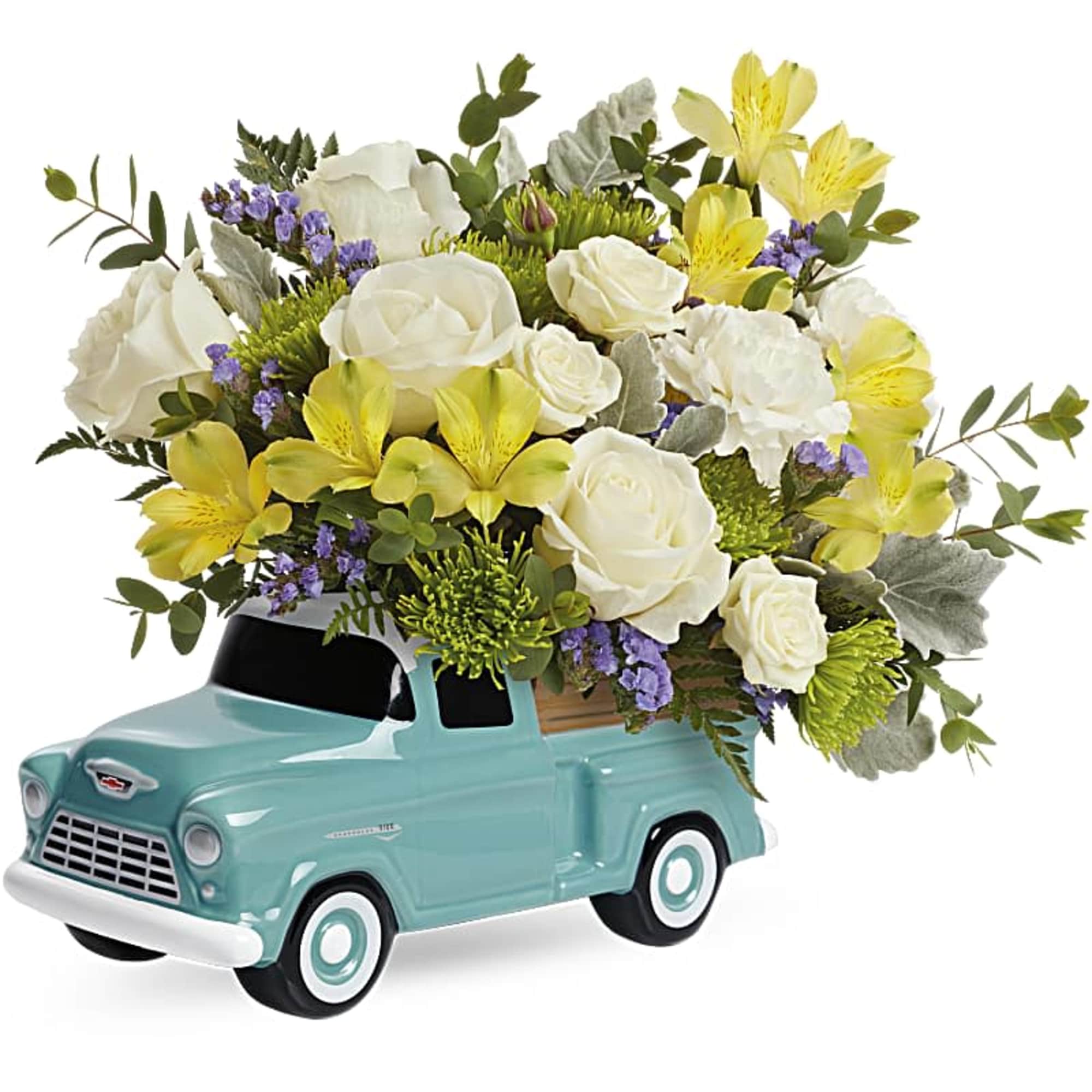 Bursting with a fresh rose bouquet, this sweet, hand-glazed ceramic Chevy keepsake