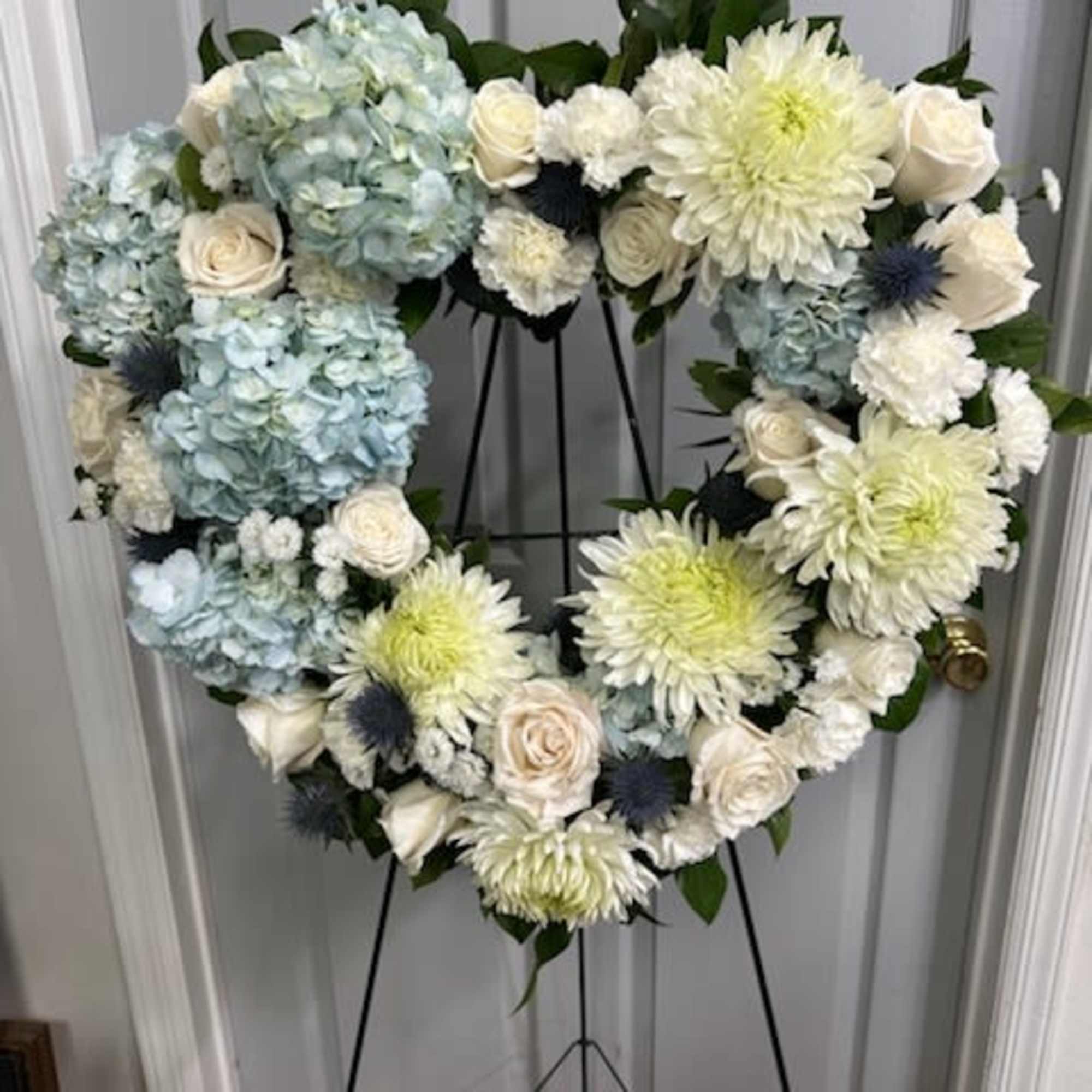 Light Blue Hydrangea, White Roses, Carnations,  Cremons, Fancy Greens