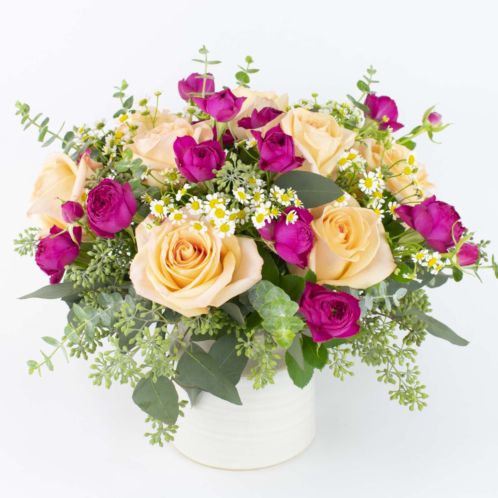 COTTAGE GARDEN FLOWERS IN POT WITH PRETTY ROSES 

Pretty, romantic and gentle.