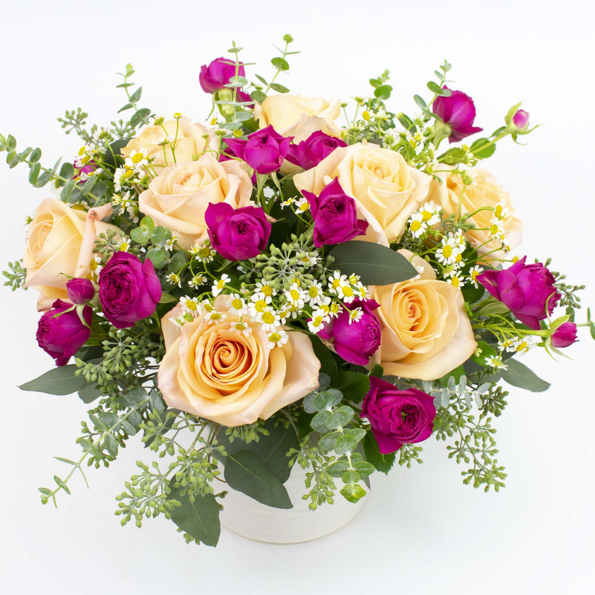 COTTAGE GARDEN FLOWERS IN POT WITH PRETTY ROSES 

Pretty, romantic and gentle.