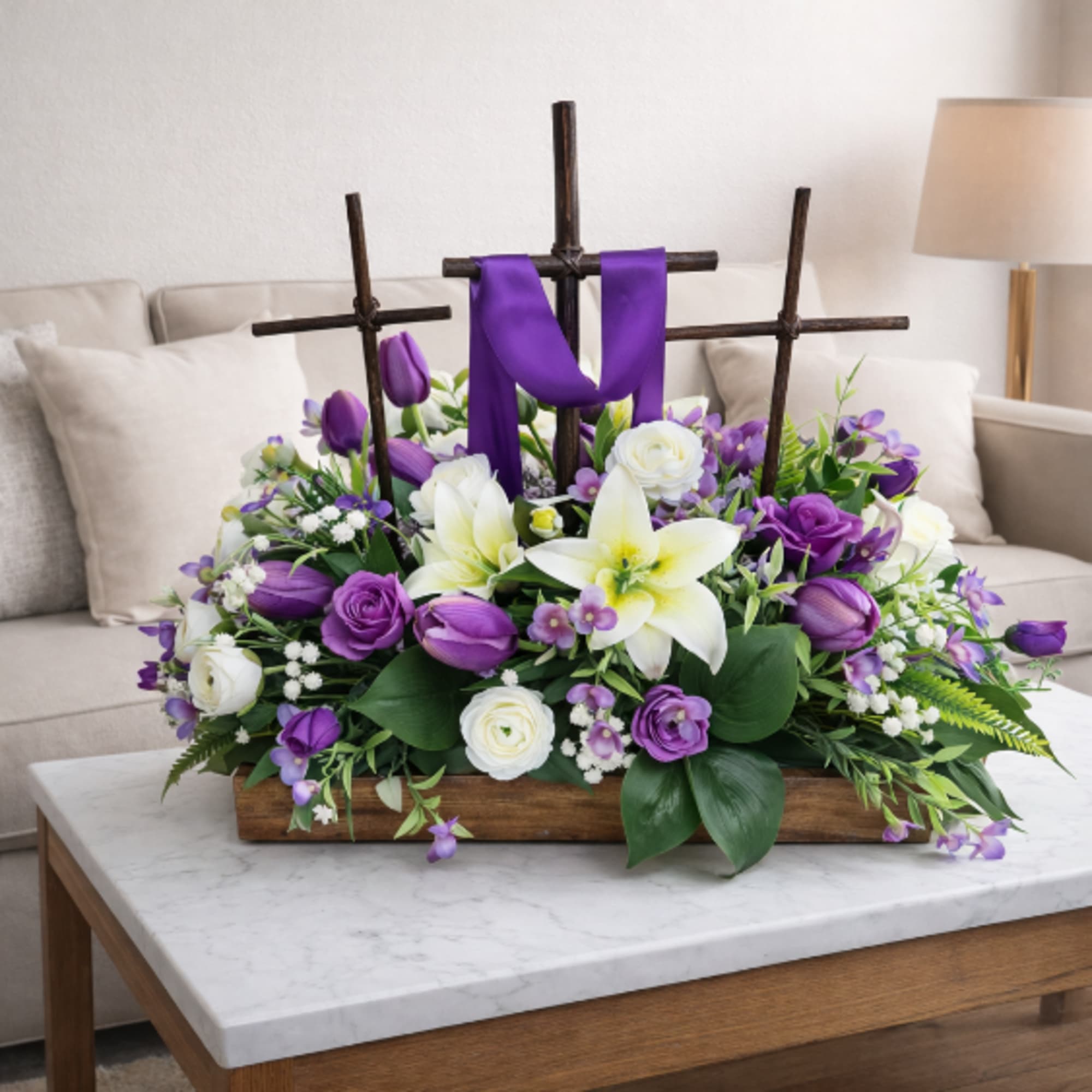 Passover 3 cross wood handmade centerpiece wwith purple and white silk floral