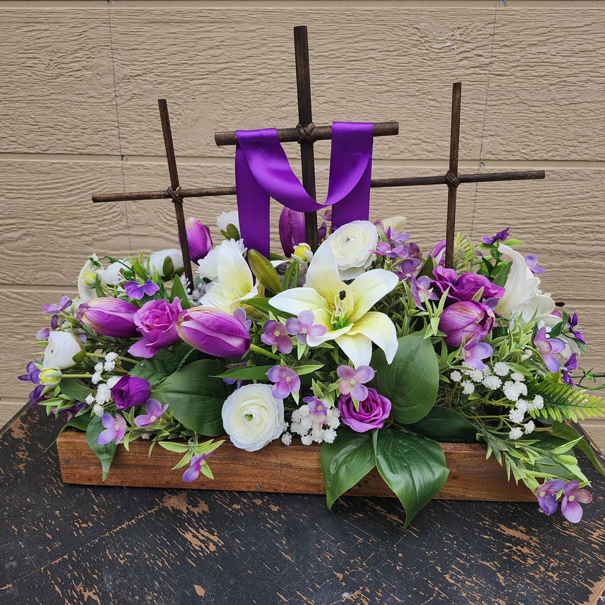 Passover 3 cross wood handmade centerpiece wwith purple and white silk floral