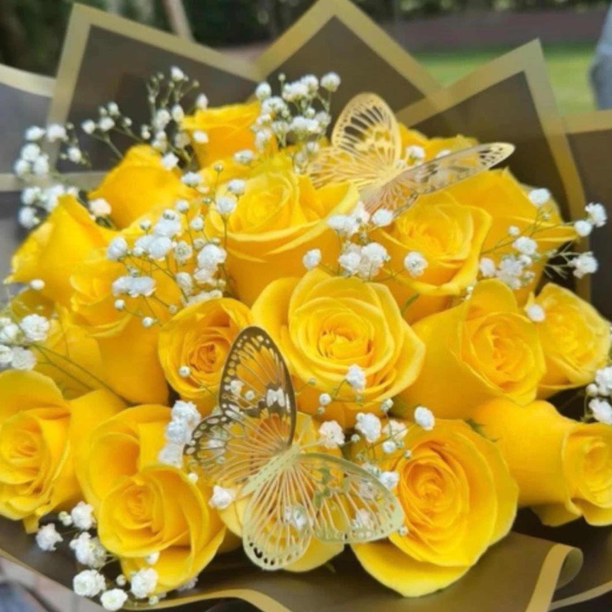 Bright and elegant, this beautiful bouquet features 24 premium yellow roses accented