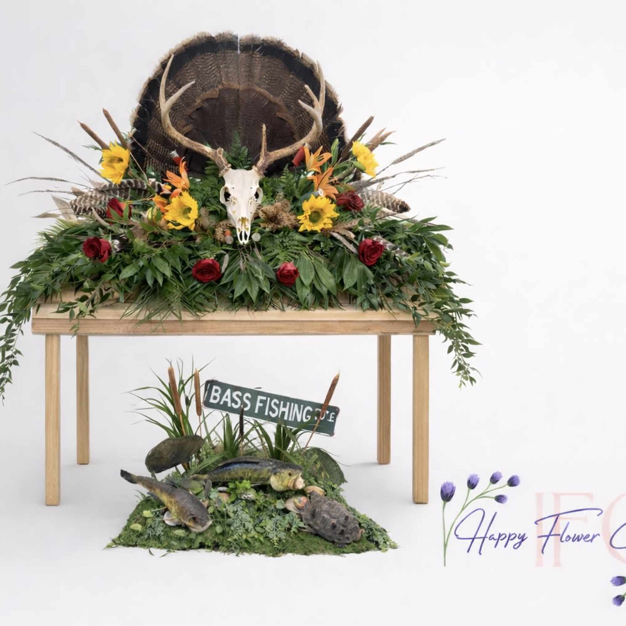 Wild life and fishing scene the top piece will have live flowers.