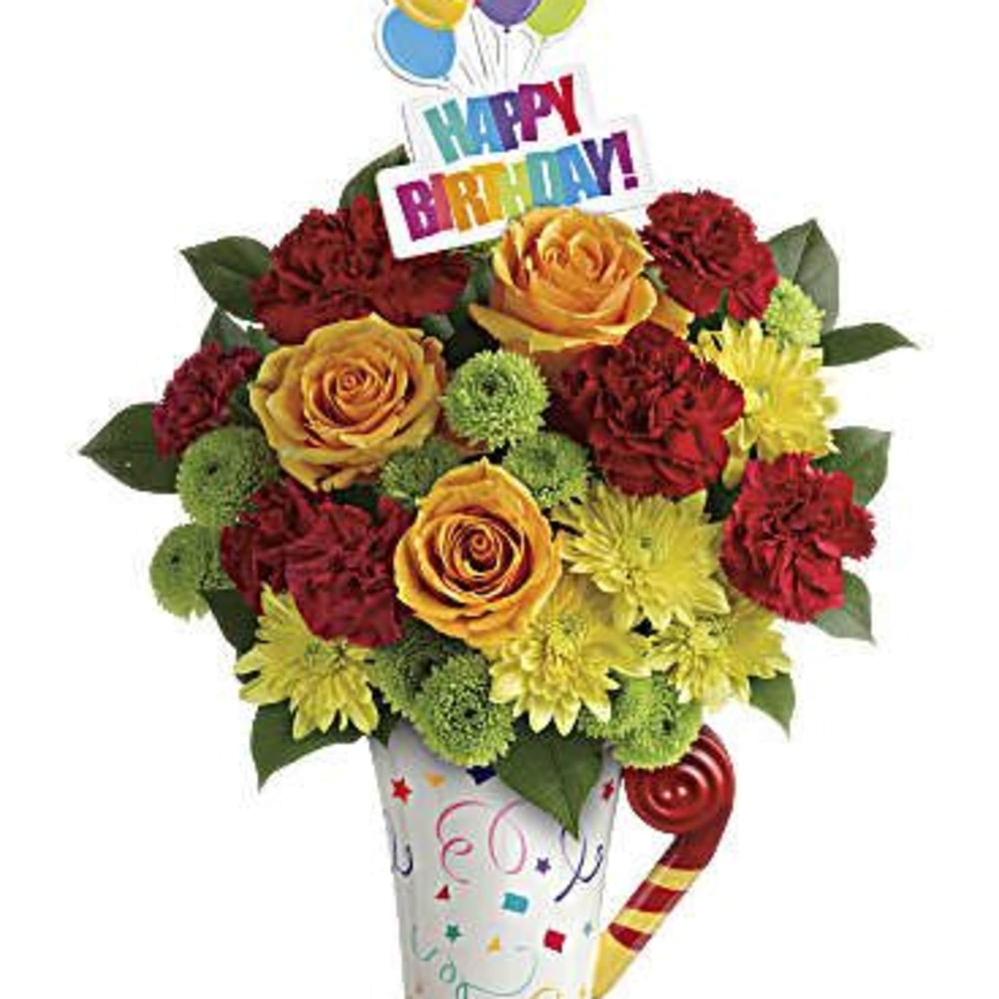 Birthday bouquet with roses, carnations, and balloons in a decorated vase